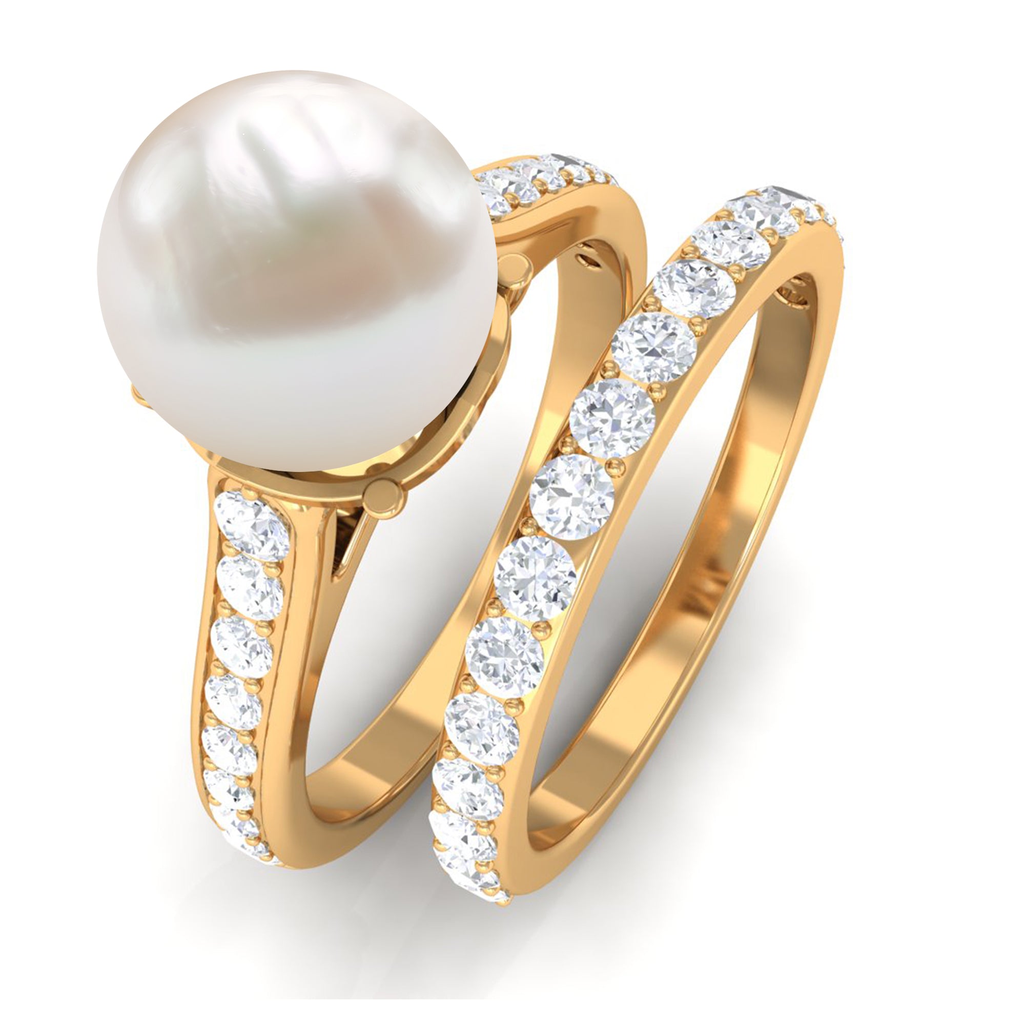 Classic Freshwater Pearl and Moissanite Wedding Ring Set Freshwater Pearl - ( AAA ) - Quality - Rosec Jewels