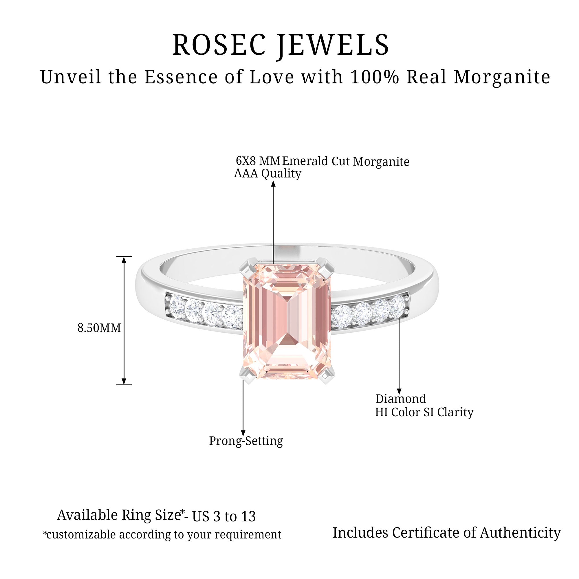 2 CT Emerald Cut Morganite Classic Solitaire Ring with Diamond Morganite - ( AAA ) - Quality - Rosec Jewels