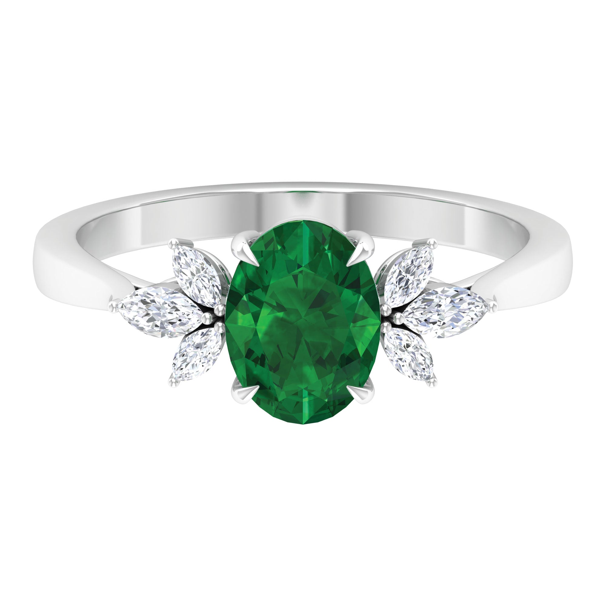 Claw Set Oval shape Emerald Solitaire Ring with Marquise Diamond Trio Emerald - ( AAA ) - Quality - Rosec Jewels