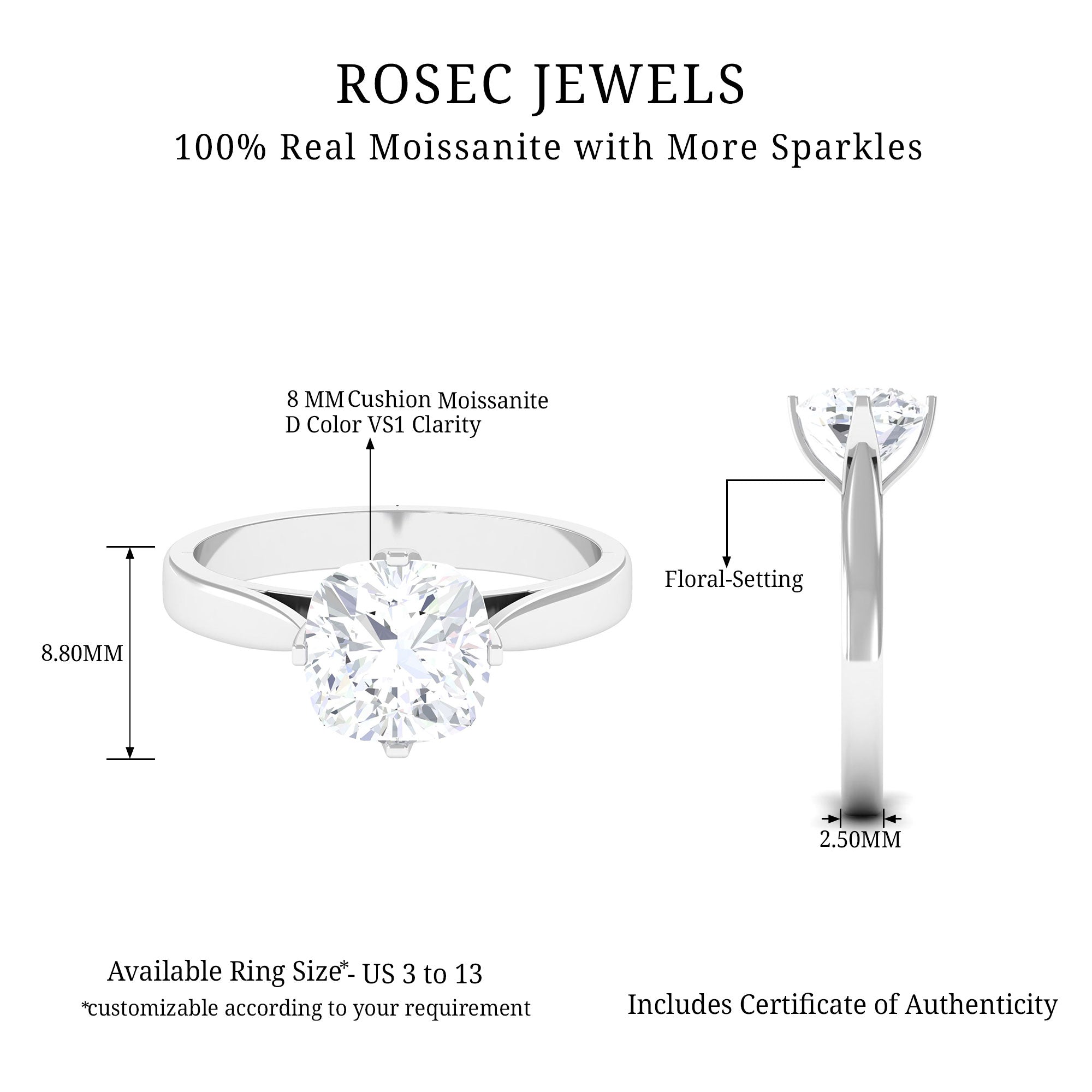 Rosec Jewels-3.25 CT Cushion Shape Moissanite Solitaire Ring