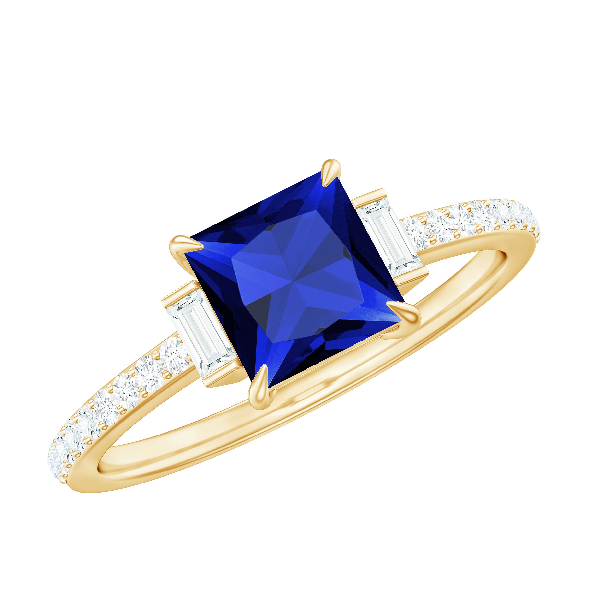 Lab Created Blue Sapphire Solitaire Ring with Diamond Stones Lab Created Blue Sapphire - ( AAAA ) - Quality - Rosec Jewels