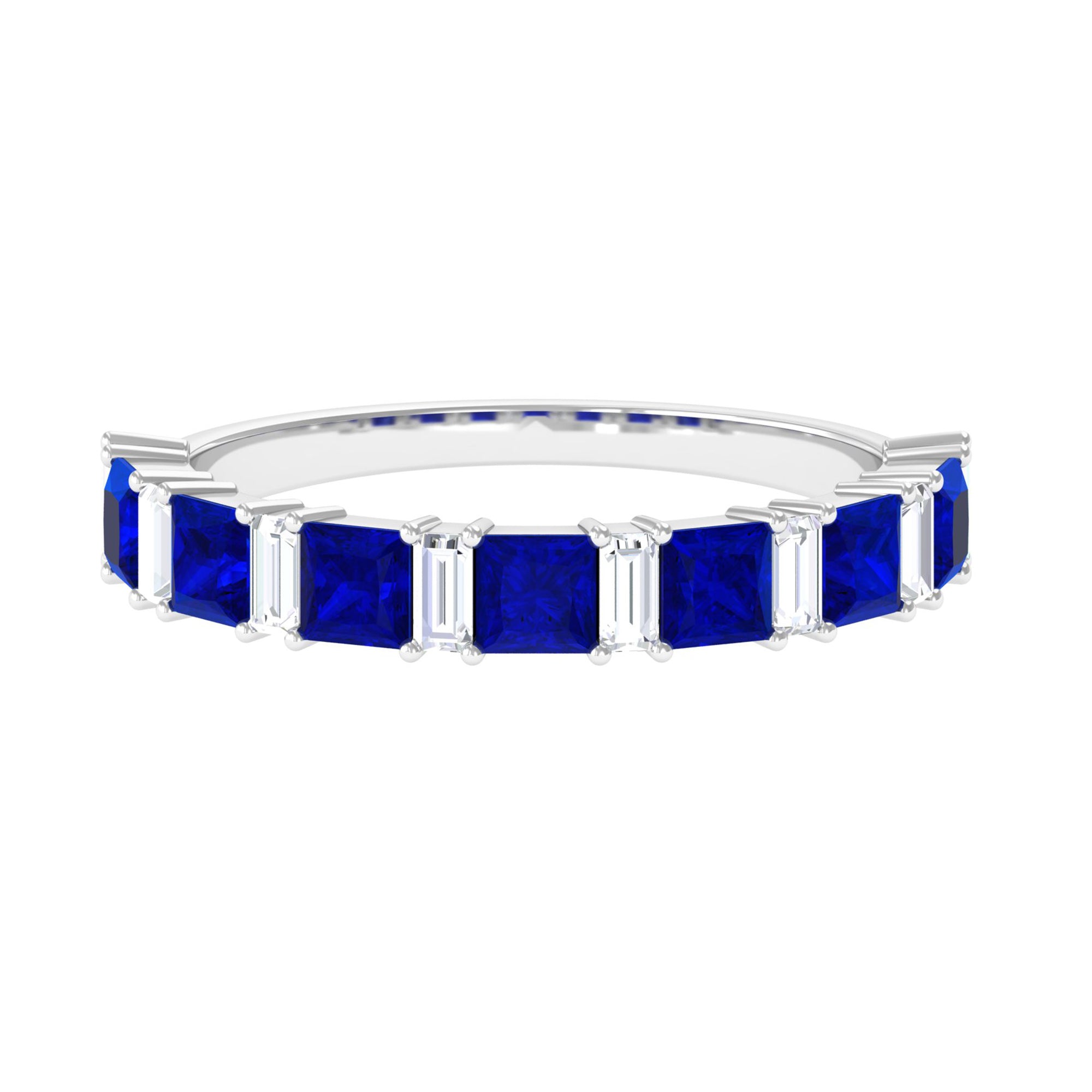 Princess Cut Lab Grown Blue Sapphire Half Eternity Ring with Diamond Lab Created Blue Sapphire - ( AAAA ) - Quality - Rosec Jewels