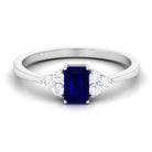 Emerald Cut Created Blue Sapphire Solitaire Ring with Diamond Trio Lab Created Blue Sapphire - ( AAAA ) - Quality - Rosec Jewels