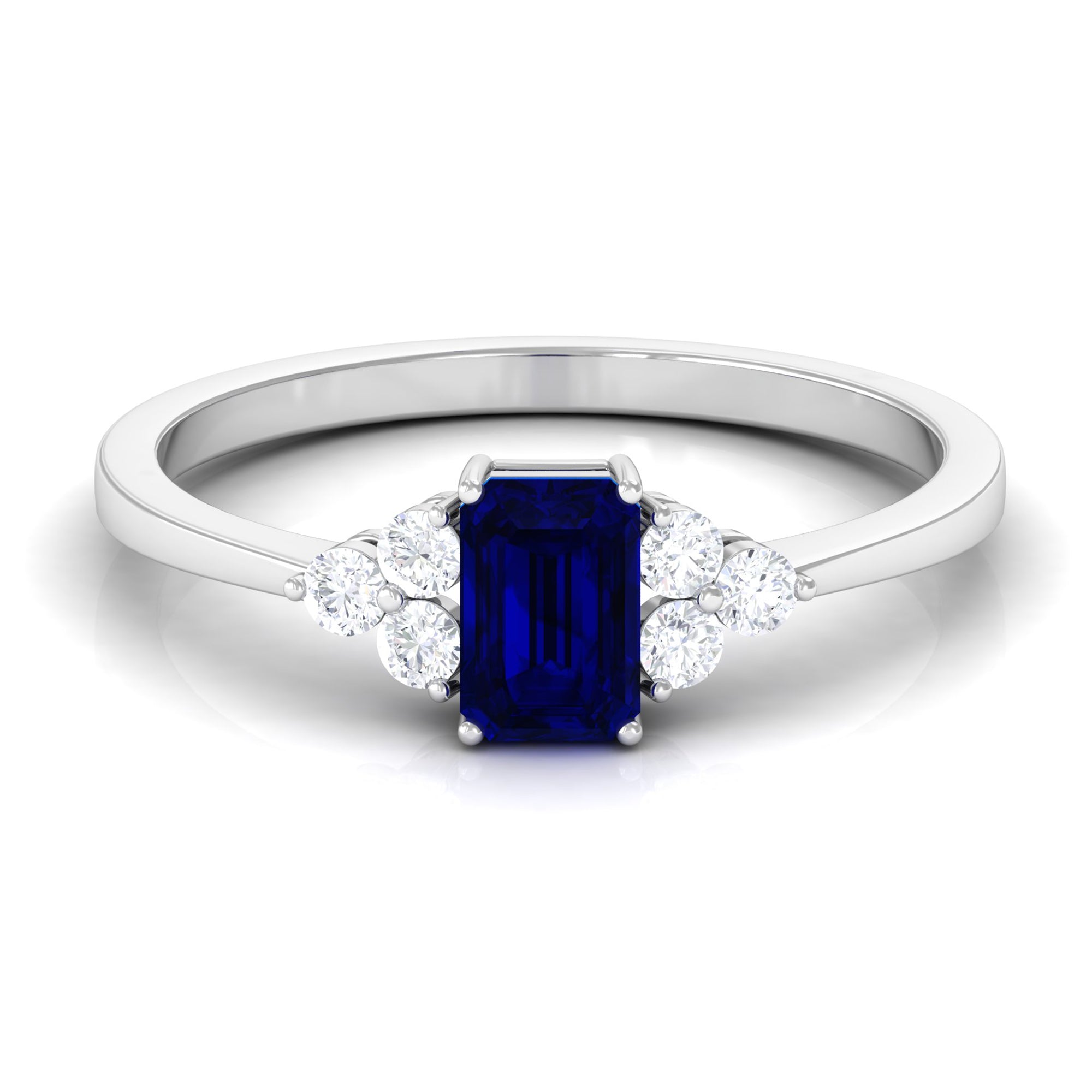 Emerald Cut Created Blue Sapphire Solitaire Ring with Diamond Trio Lab Created Blue Sapphire - ( AAAA ) - Quality - Rosec Jewels