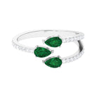 3 Stone Pear Shape Created Emerald Wrap Ring with Diamond Lab Created Emerald - ( AAAA ) - Quality - Rosec Jewels