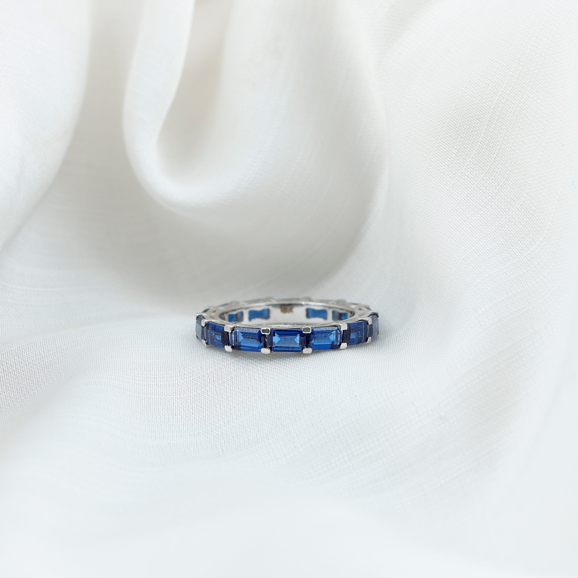 Emerald Cut Created Blue Sapphire East West Eternity Band Ring Lab Created Blue Sapphire - ( AAAA ) - Quality - Rosec Jewels