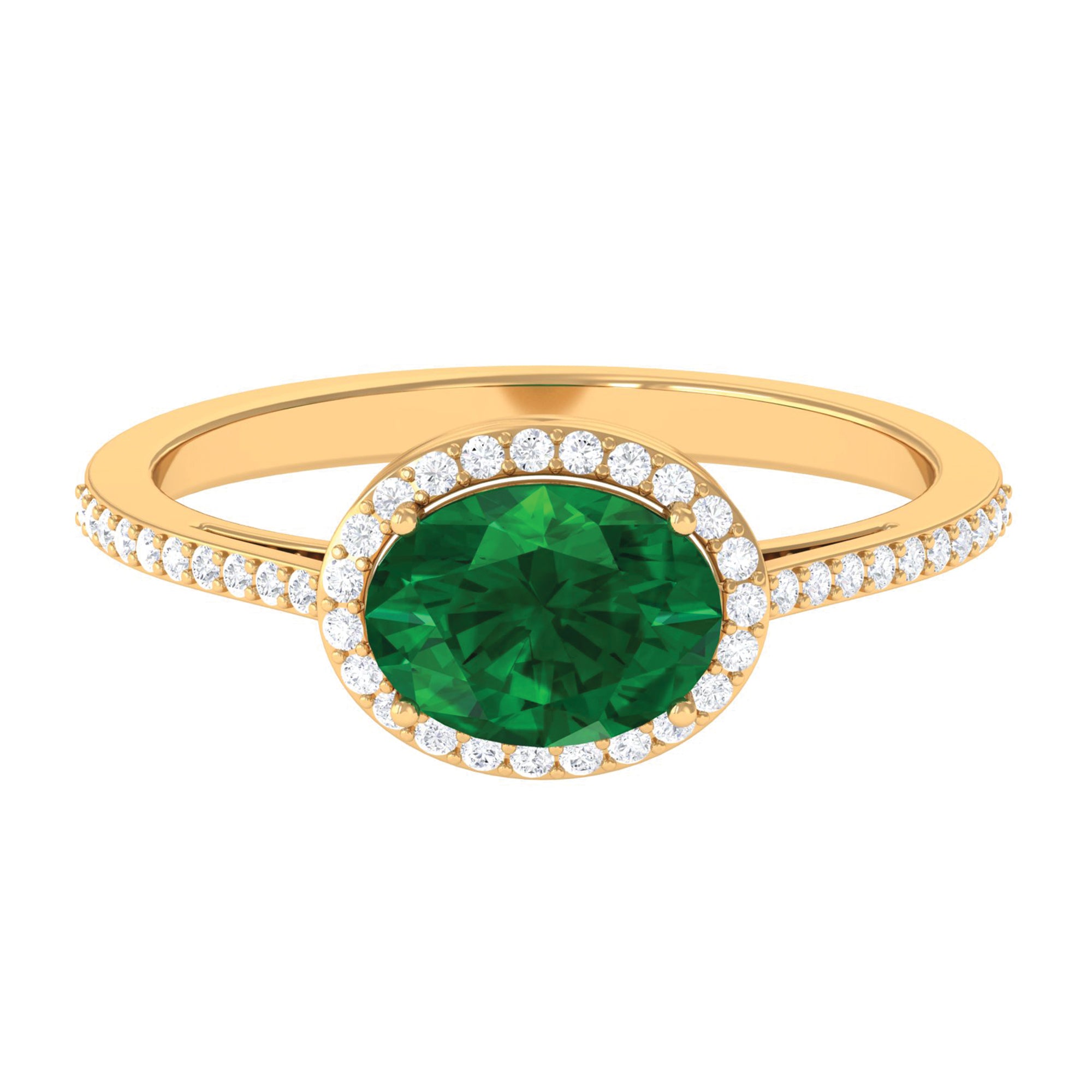 Oval Shape Created Emerald and Diamond Accent East West Ring Lab Created Emerald - ( AAAA ) - Quality - Rosec Jewels