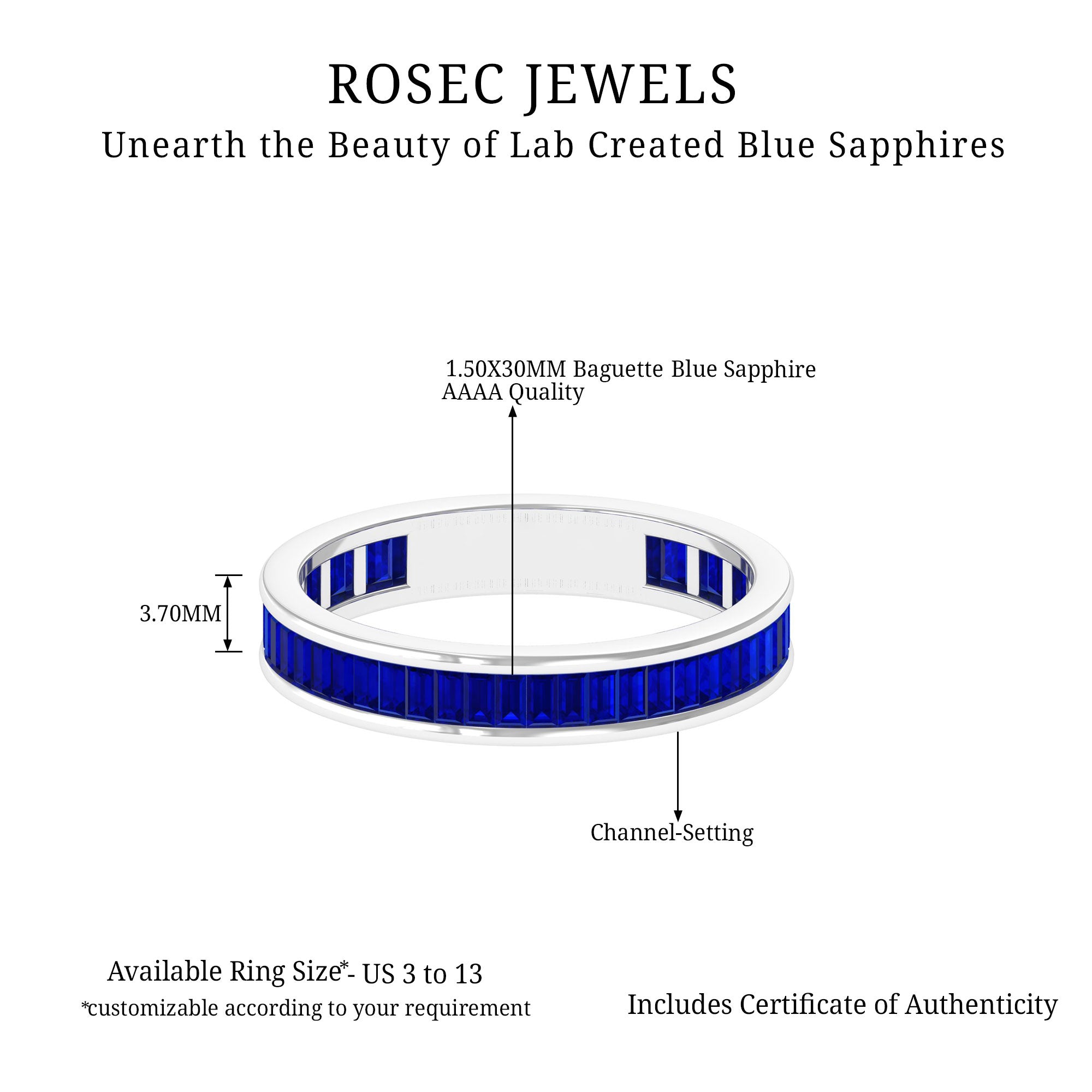 Baguette Cut Created Blue Sapphire Semi Eternity Ring in Channel Setting Lab Created Blue Sapphire - ( AAAA ) - Quality - Rosec Jewels