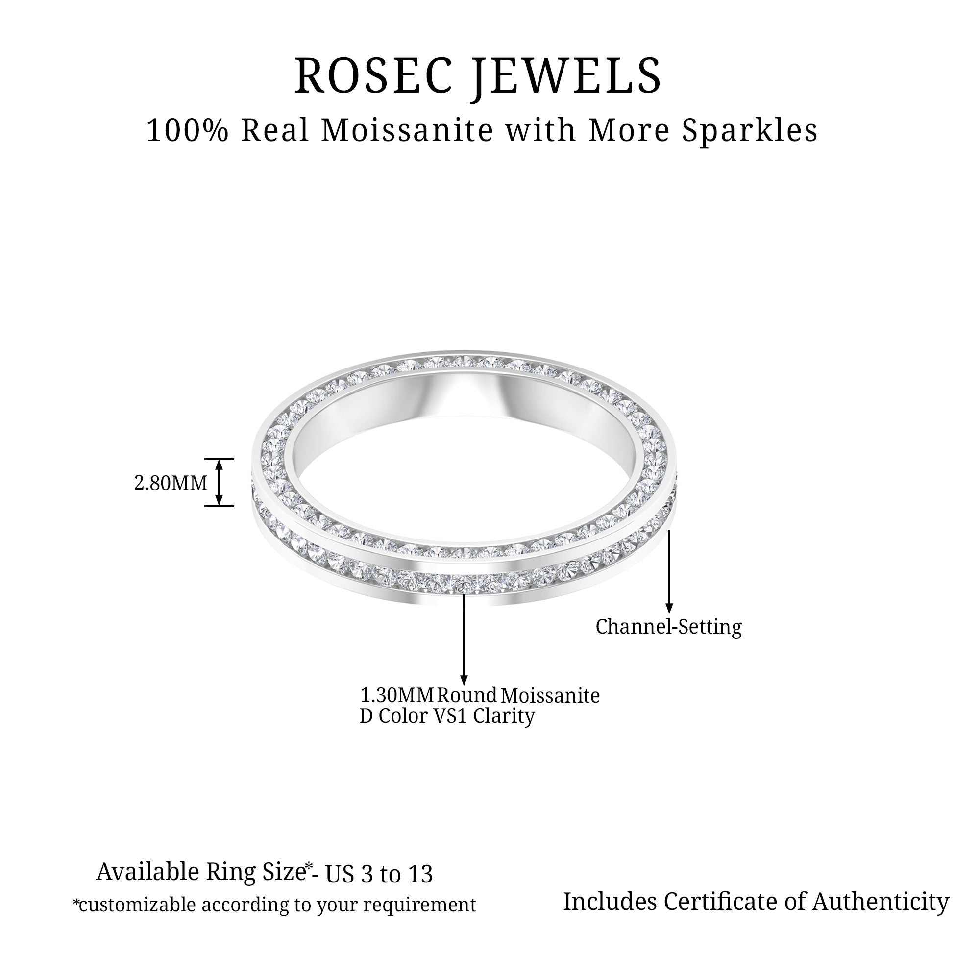 Dazzling Moissanite Channel Set Eternity Band Ring for Women Moissanite - ( D-VS1 ) - Color and Clarity - Rosec Jewels