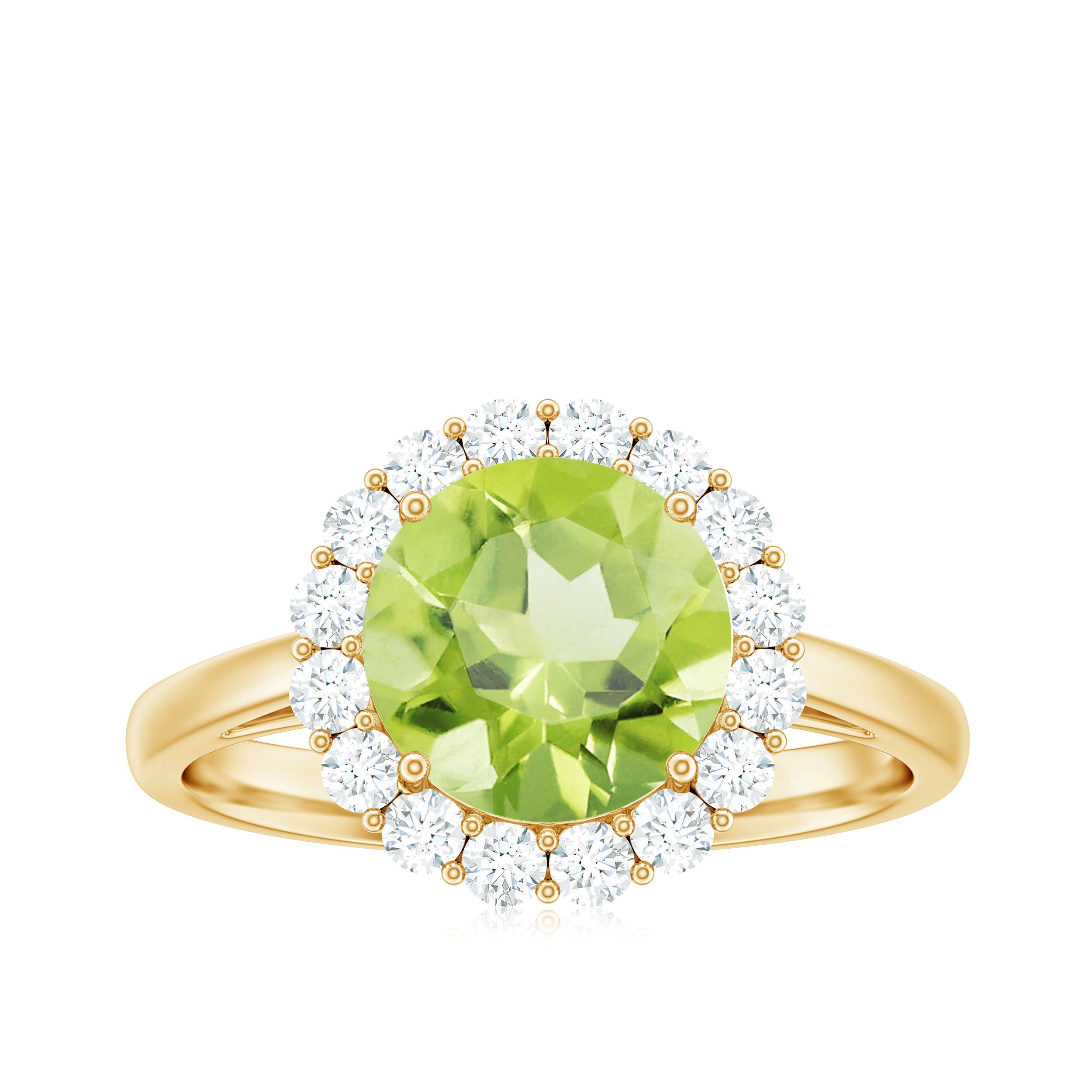 Round Peridot Simple Halo Engagement Ring with Diamond Peridot - ( AAA ) - Quality - Rosec Jewels