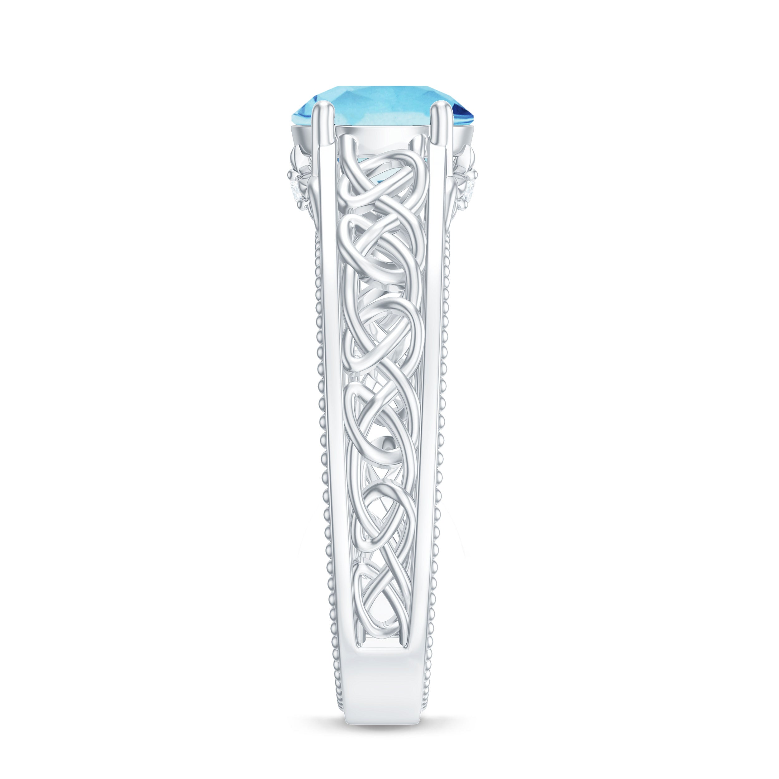 Aquamarine Celtic Solitaire Band with Diamond Aquamarine - ( AAA ) - Quality - Rosec Jewels