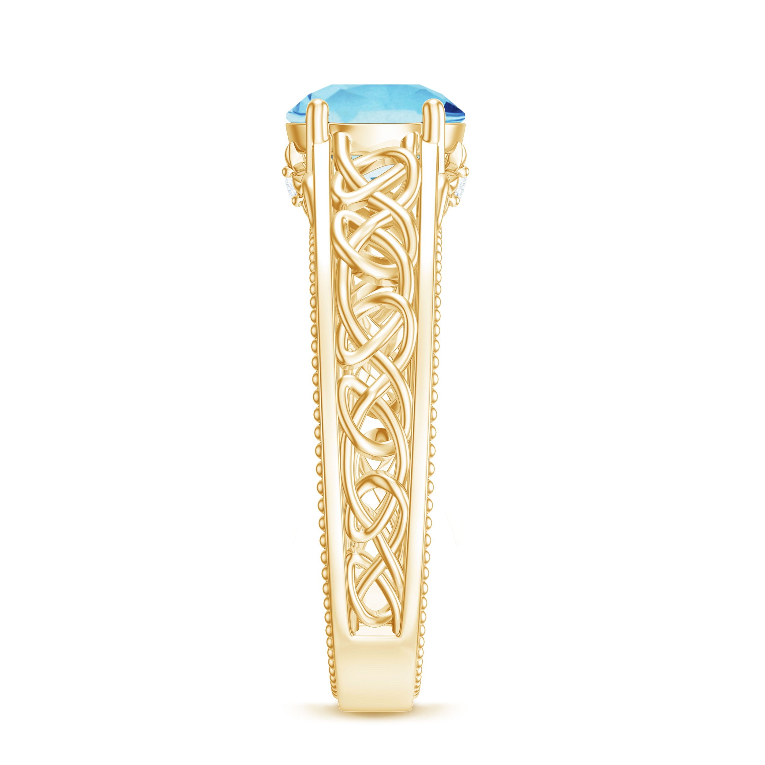 Aquamarine Celtic Solitaire Band with Diamond Aquamarine - ( AAA ) - Quality - Rosec Jewels