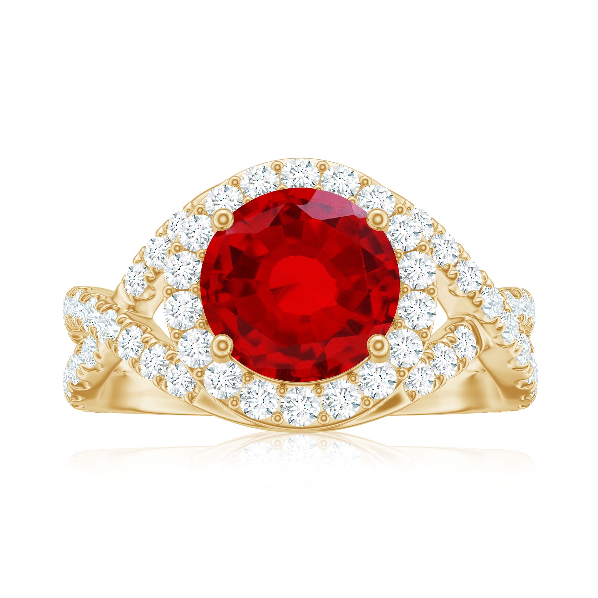 Classic Created Ruby Crossover Engagement Ring with Moissanite Accent Lab Created Ruby - ( AAAA ) - Quality - Rosec Jewels