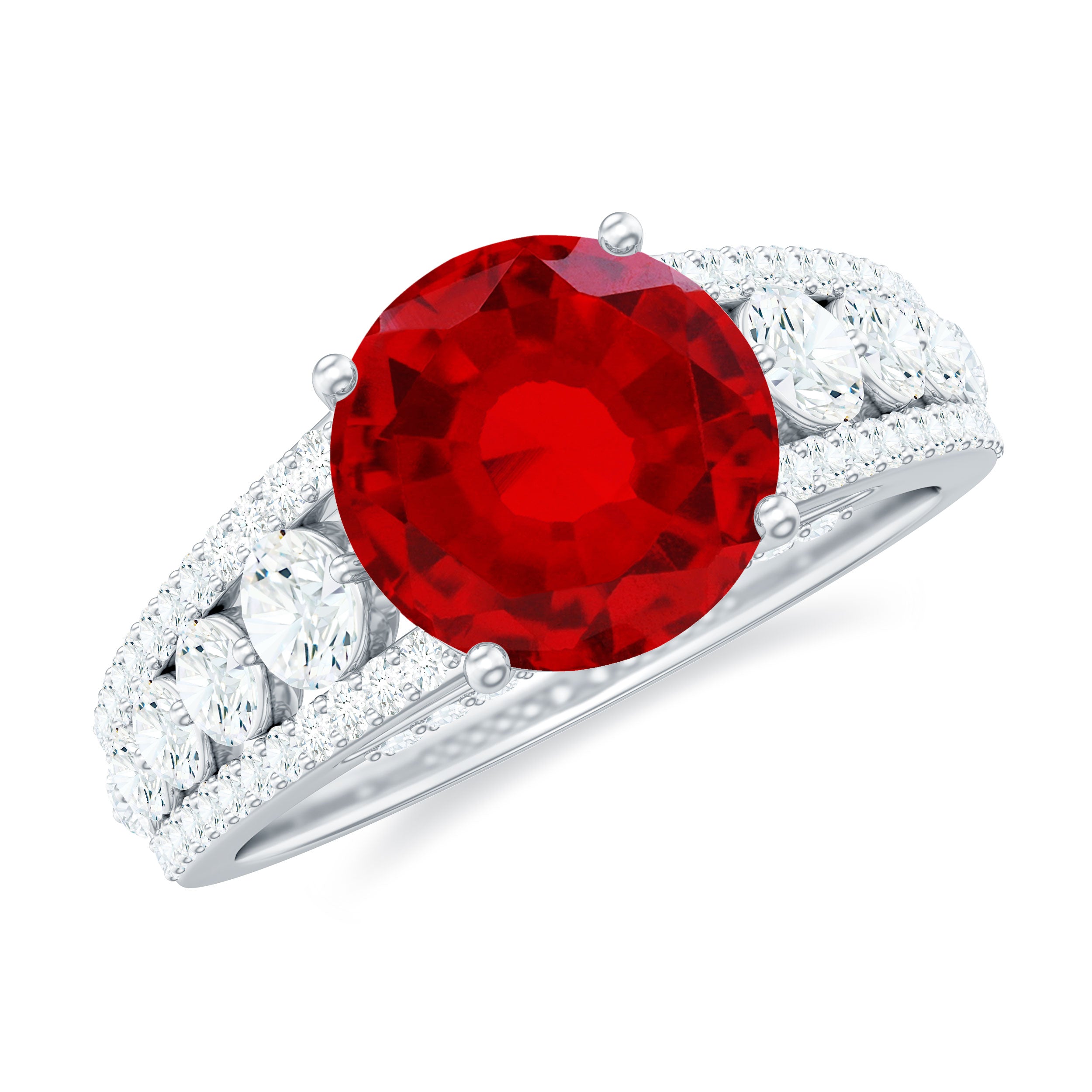 Created Ruby Statement Engagement Ring with Moissanite Side Stones Lab Created Ruby - ( AAAA ) - Quality - Rosec Jewels