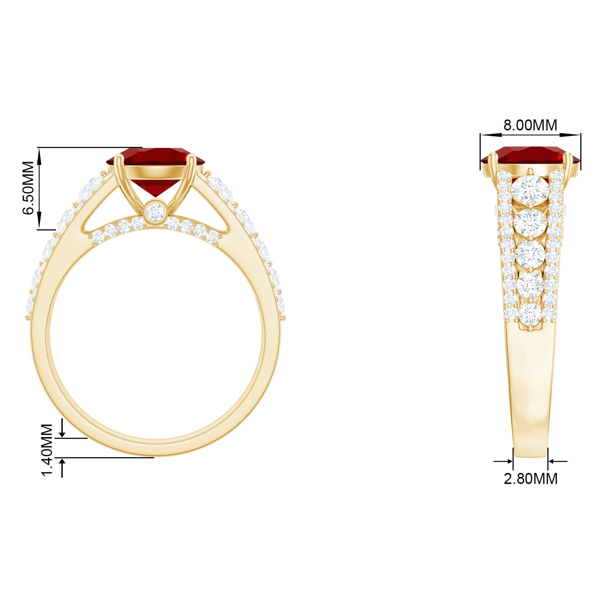 Created Ruby Statement Engagement Ring with Moissanite Side Stones Lab Created Ruby - ( AAAA ) - Quality - Rosec Jewels