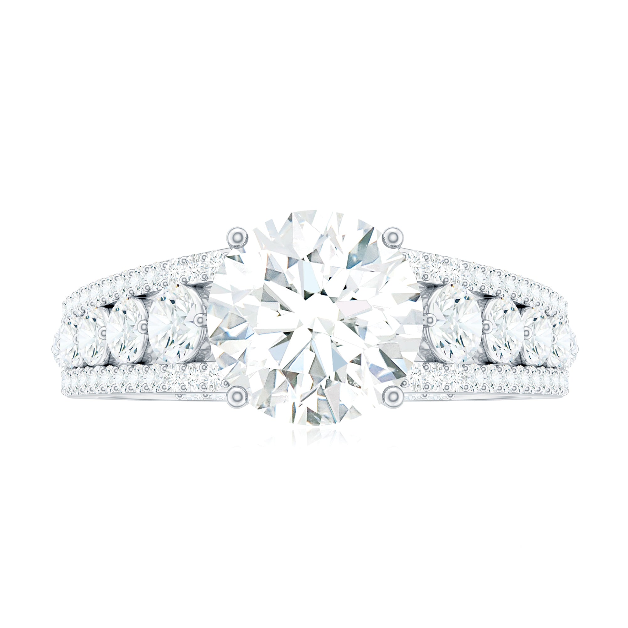 Round Shape Moissanite Solitaire Engagement Ring with Side Stones Moissanite - ( D-VS1 ) - Color and Clarity - Rosec Jewels