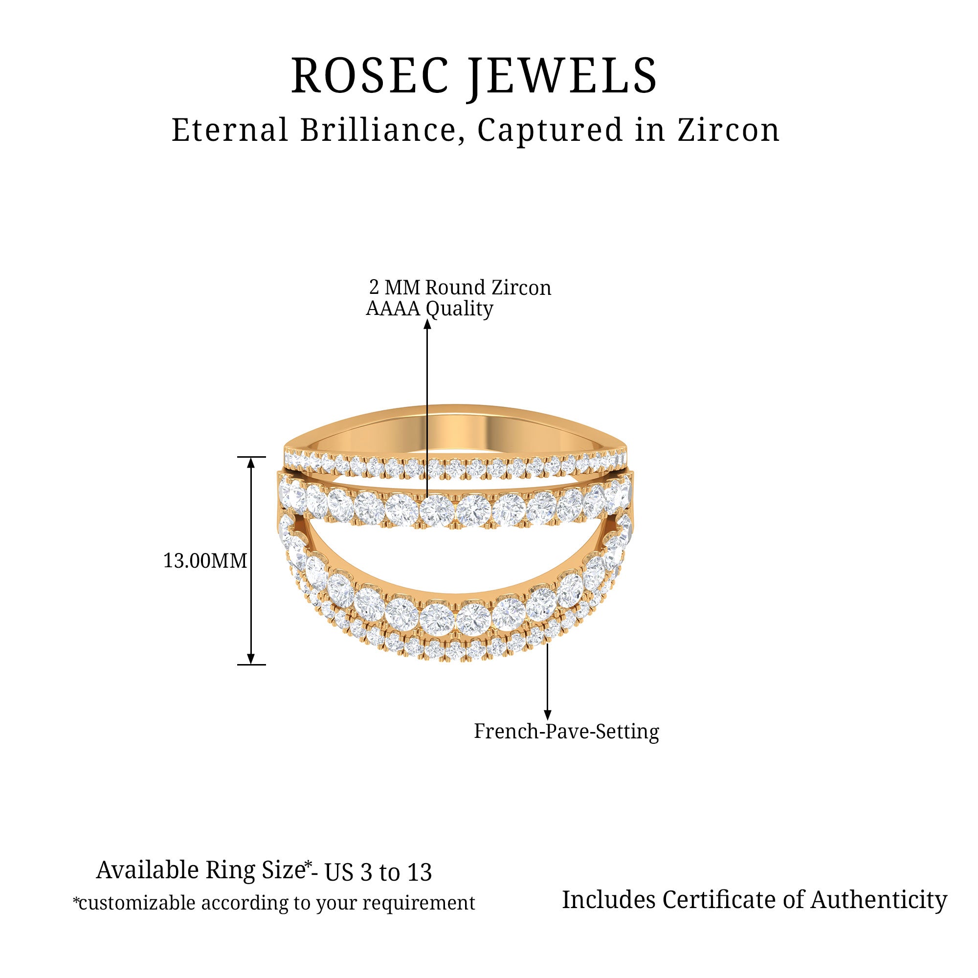 1.5 CT Cubic Zirconia Designer Cocktail Ring in Gold Zircon - ( AAAA ) - Quality - Rosec Jewels