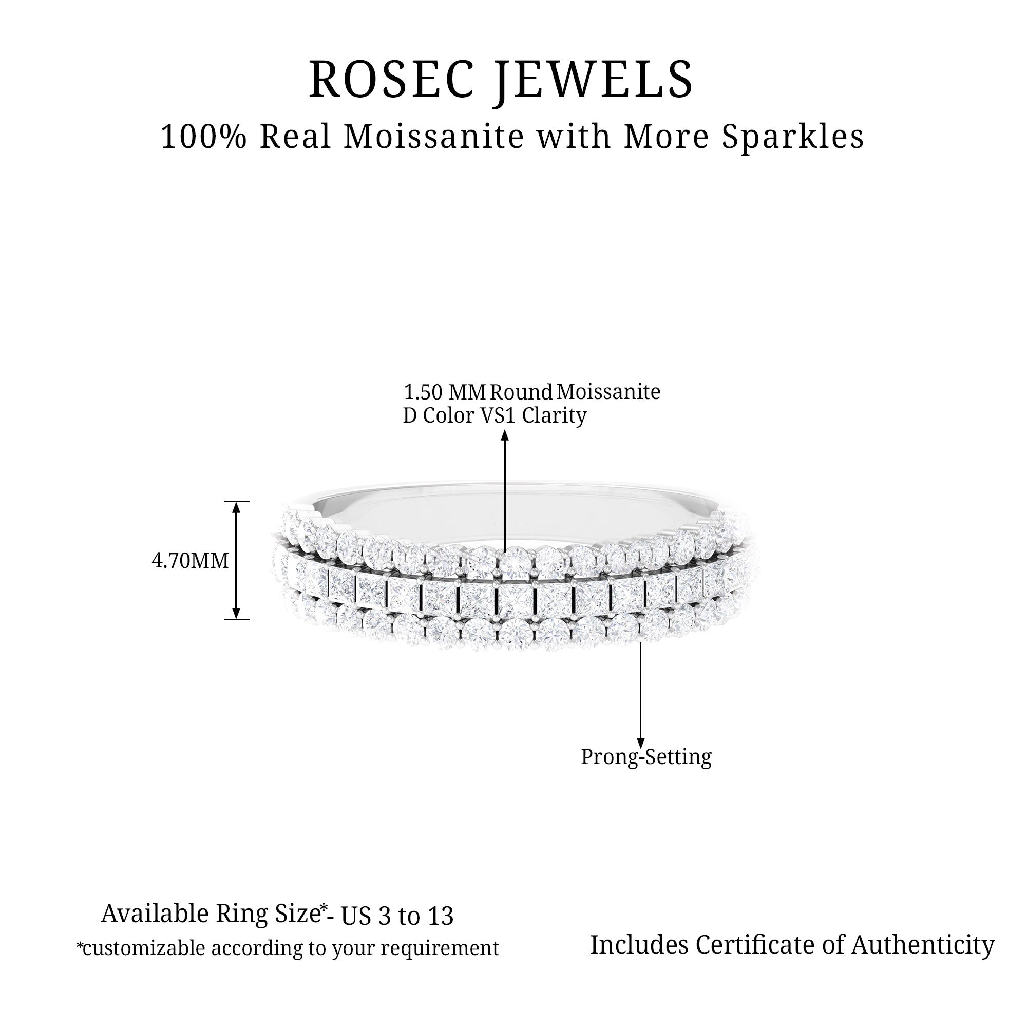 Classic Moissanite Three Row Wedding Band Ring Moissanite - ( D-VS1 ) - Color and Clarity - Rosec Jewels