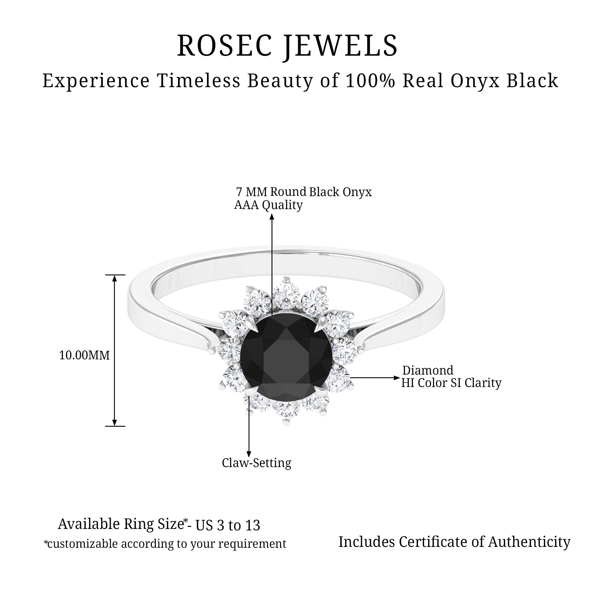 6 MM Black Onyx Engagement Ring with Diamond Accent Black Onyx - ( AAA ) - Quality - Rosec Jewels