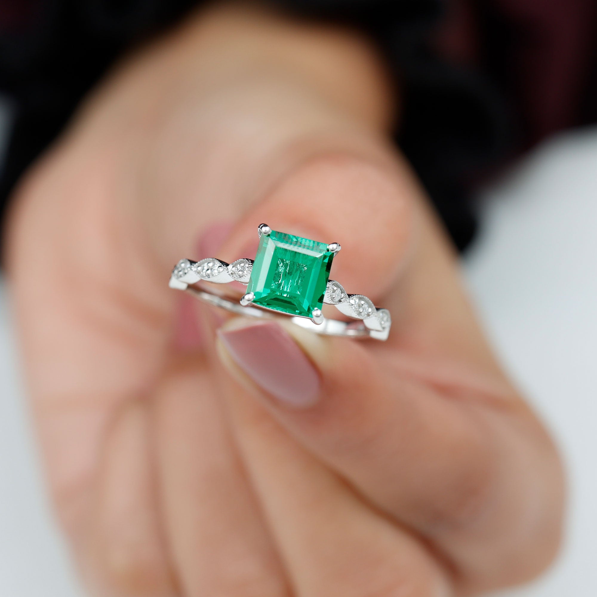 Princess Cut Created Emerald Solitaire Engagement Ring with Moissanite Lab Created Emerald - ( AAAA ) - Quality - Rosec Jewels