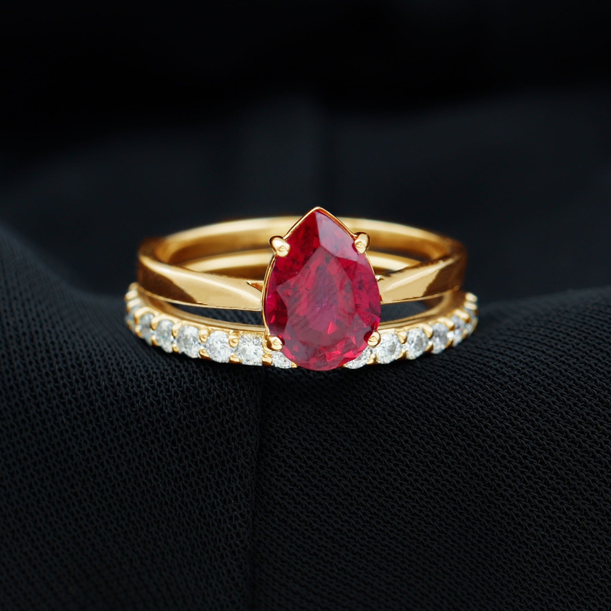 Pear Shape Created Ruby Solitaire Wedding Ring Set with Moissanite Lab Created Ruby - ( AAAA ) - Quality - Rosec Jewels