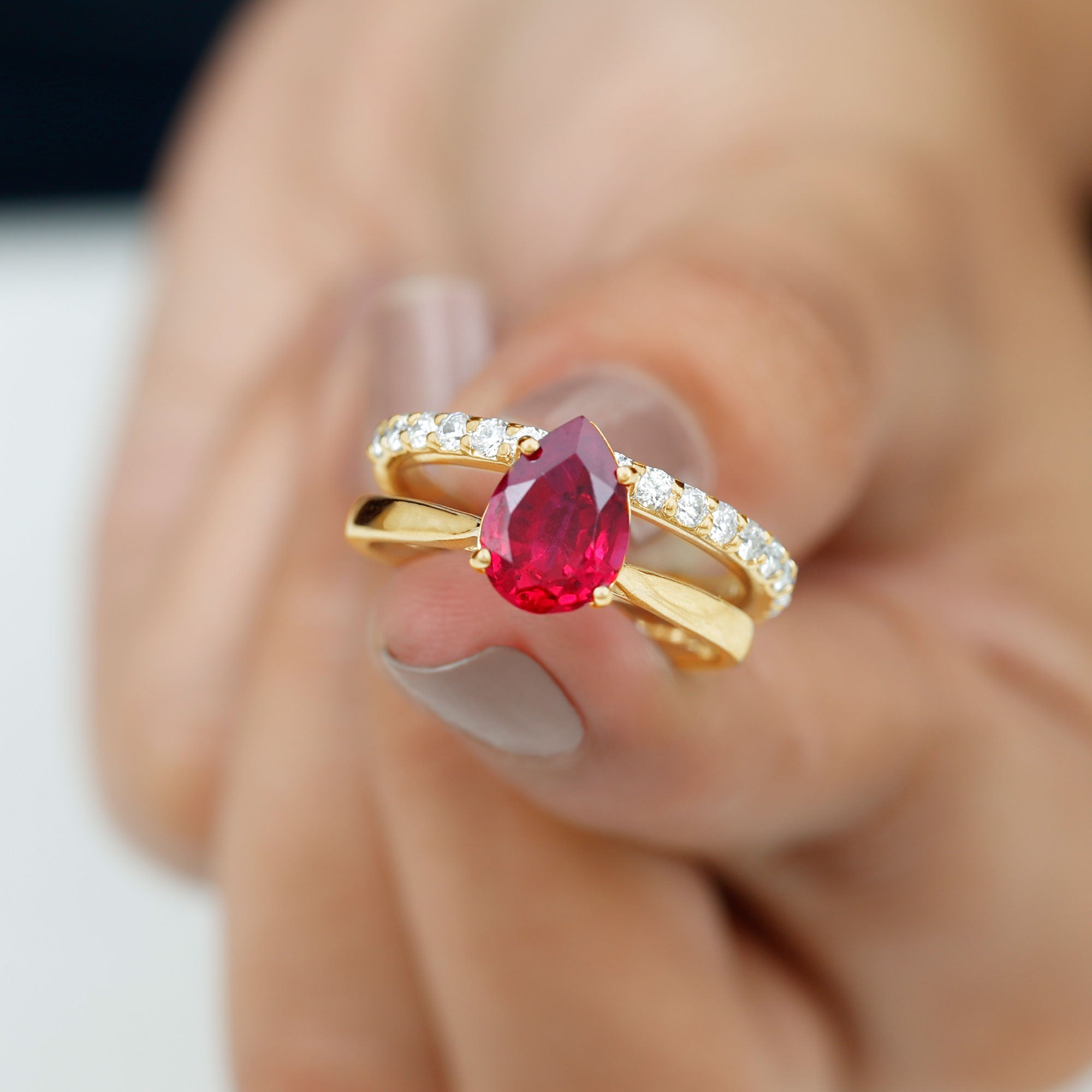 Pear Shape Created Ruby Solitaire Wedding Ring Set with Moissanite Lab Created Ruby - ( AAAA ) - Quality - Rosec Jewels