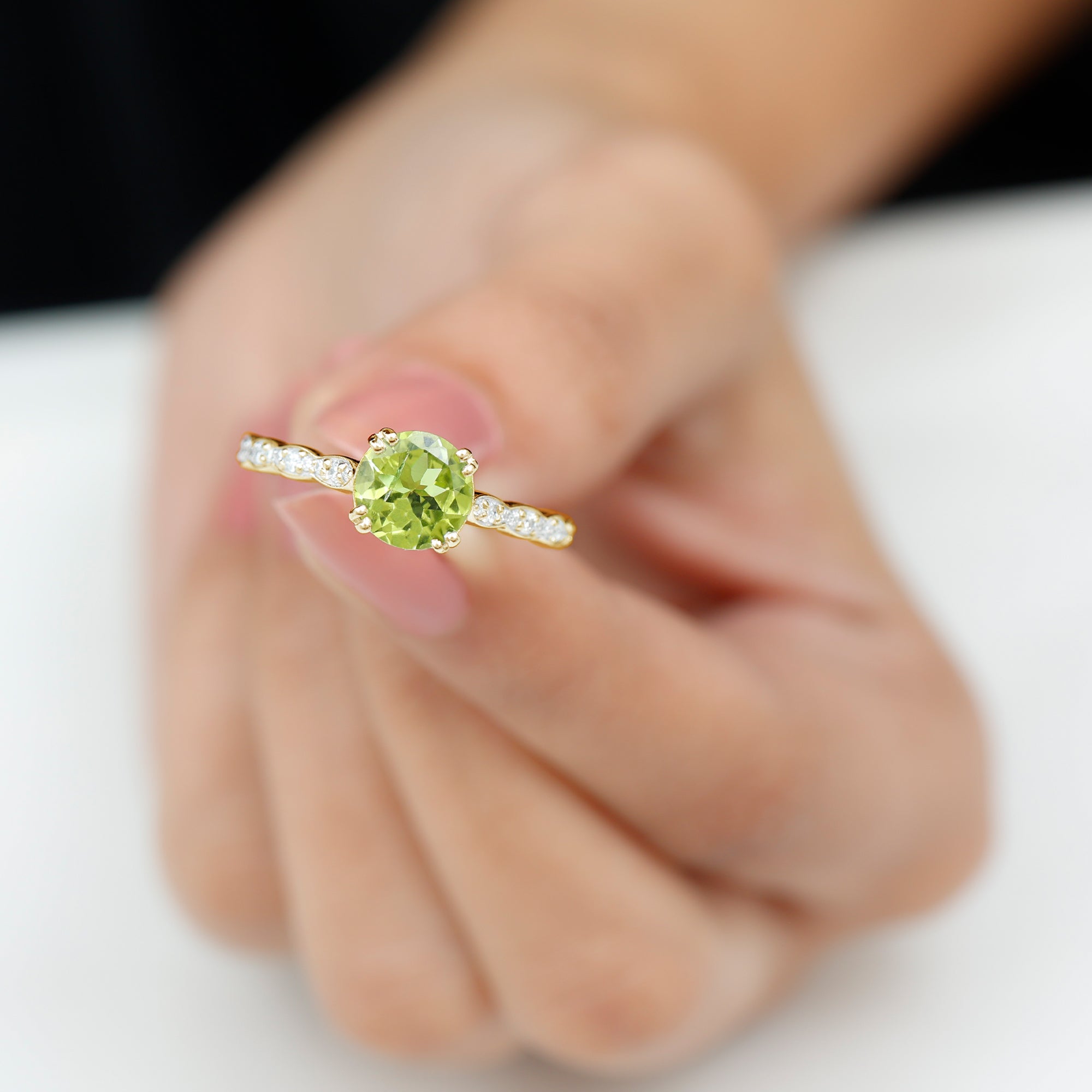 Double Prong Set Peridot Solitaire Ring with Diamond Side Stones Peridot - ( AAA ) - Quality - Rosec Jewels