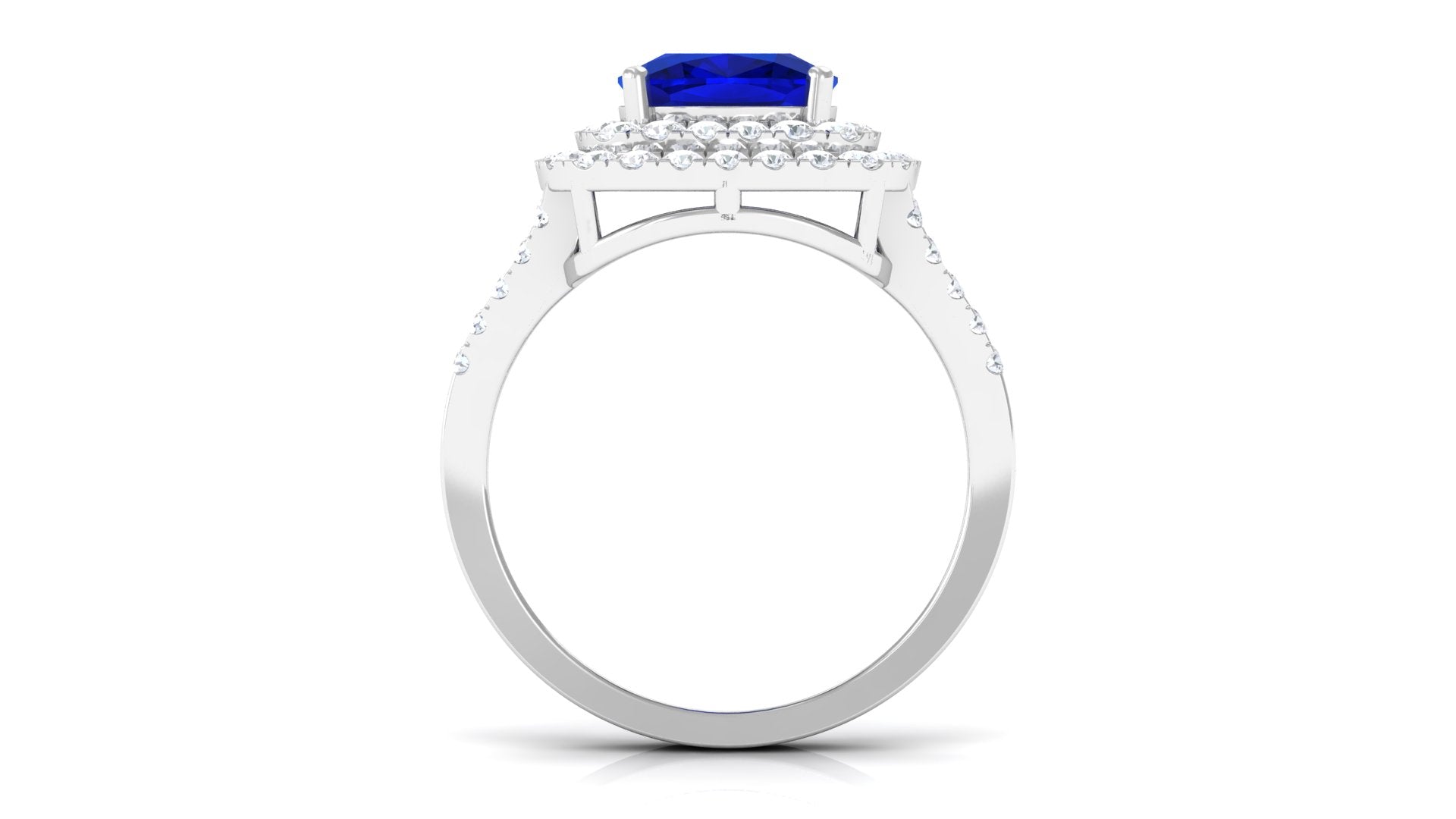 Rosec Jewels-3 CT Cushion Cut Created Blue Sapphire Engagement Ring with Double Halo Moissanite