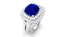 Rosec Jewels-3 CT Cushion Cut Created Blue Sapphire Engagement Ring with Double Halo Moissanite