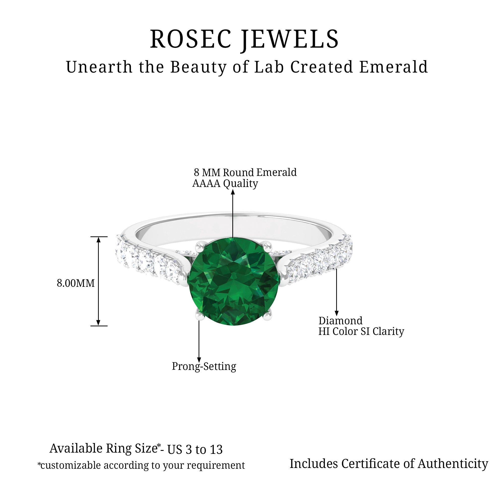 2.75 CT Created Emerald Solitaire Engagement Ring with Diamond Accent Lab Created Emerald - ( AAAA ) - Quality - Rosec Jewels