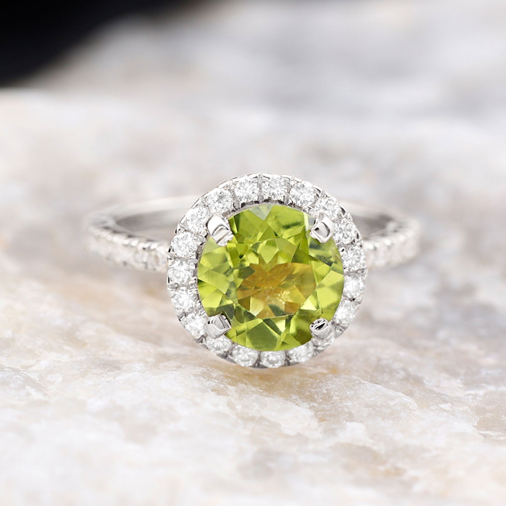 1 CT Peridot Solitaire Ring with Moissanite Accent Ring Peridot - ( AAA ) - Quality - Rosec Jewels