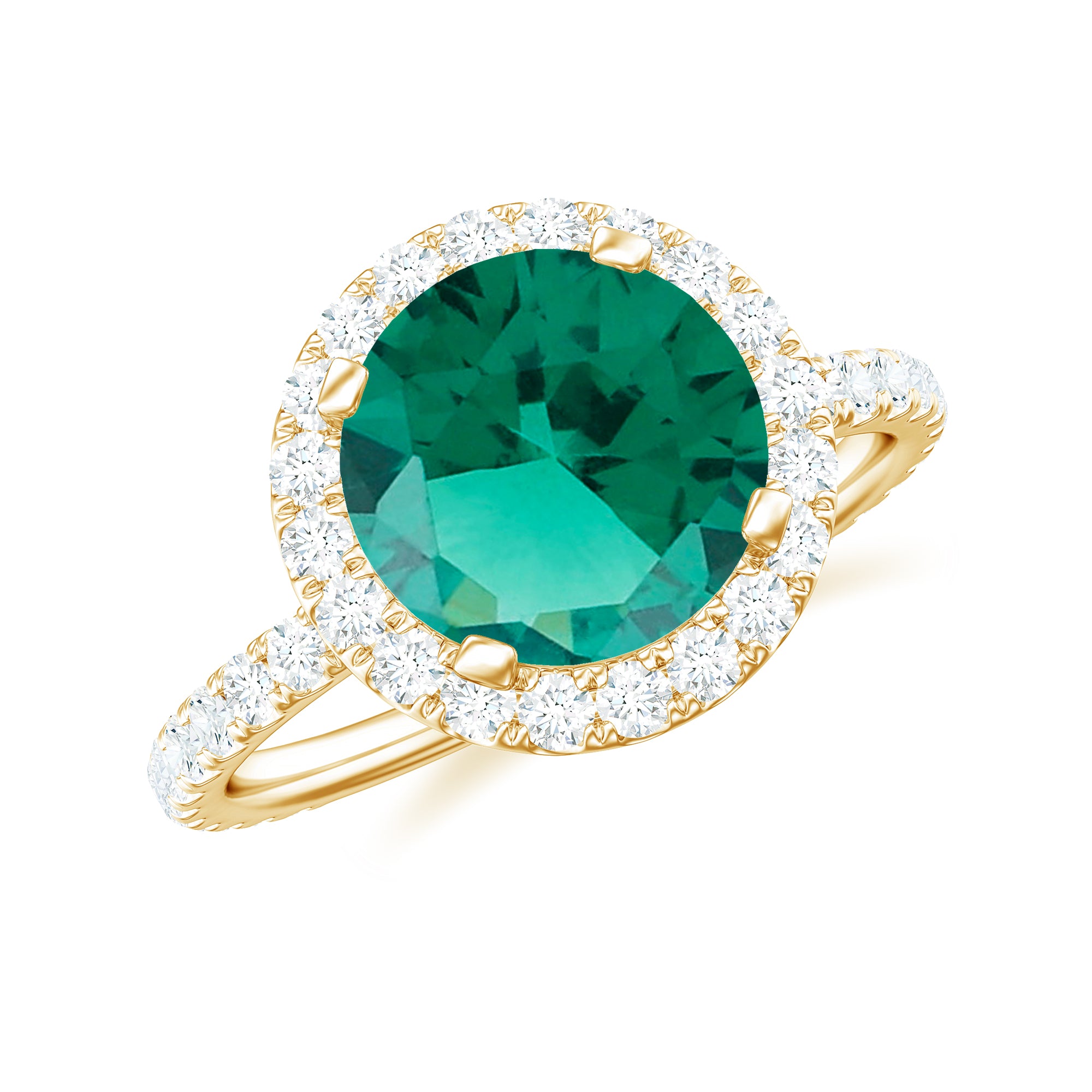 Round Created Emerald Classic Halo Engagement Ring with Moissanite Lab Created Emerald - ( AAAA ) - Quality - Rosec Jewels