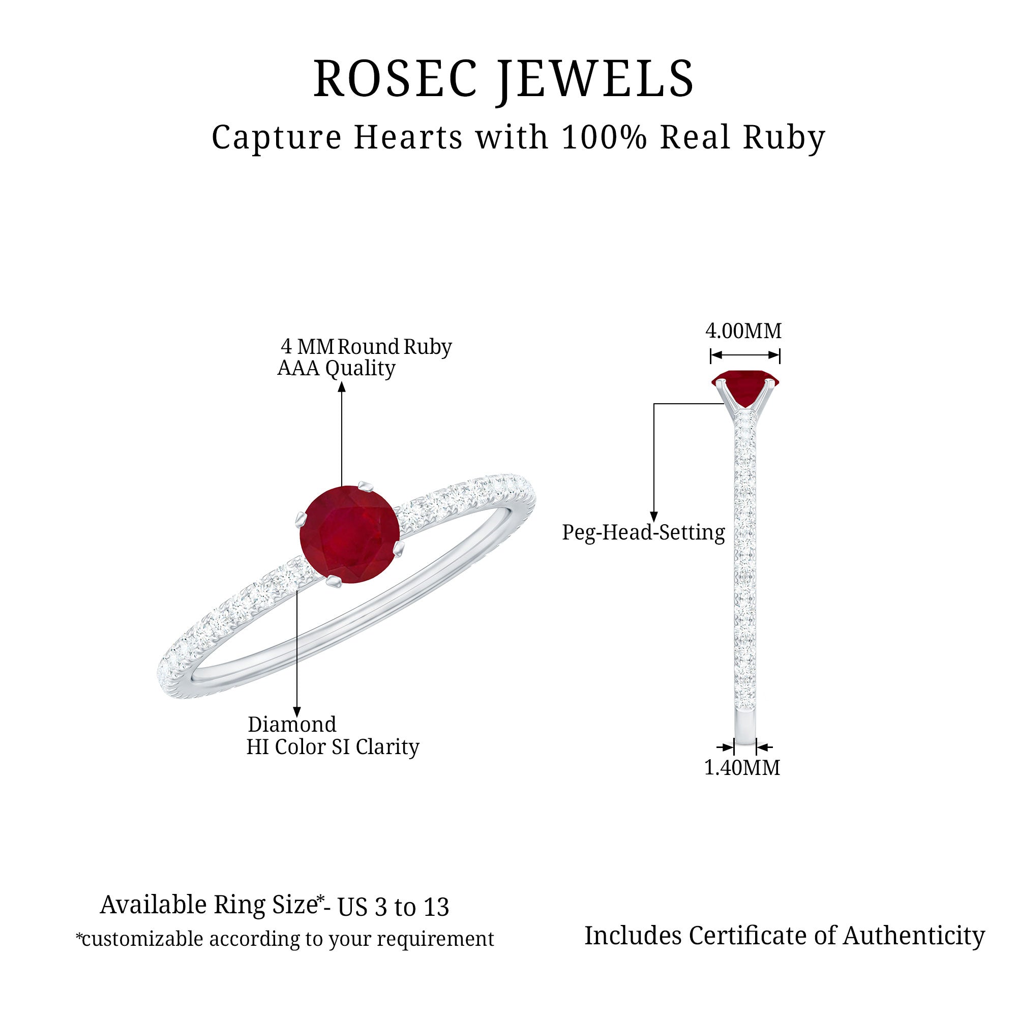 Round Shape Ruby Dainty Solitaire Ring with Diamond Ruby - ( AAA ) - Quality - Rosec Jewels