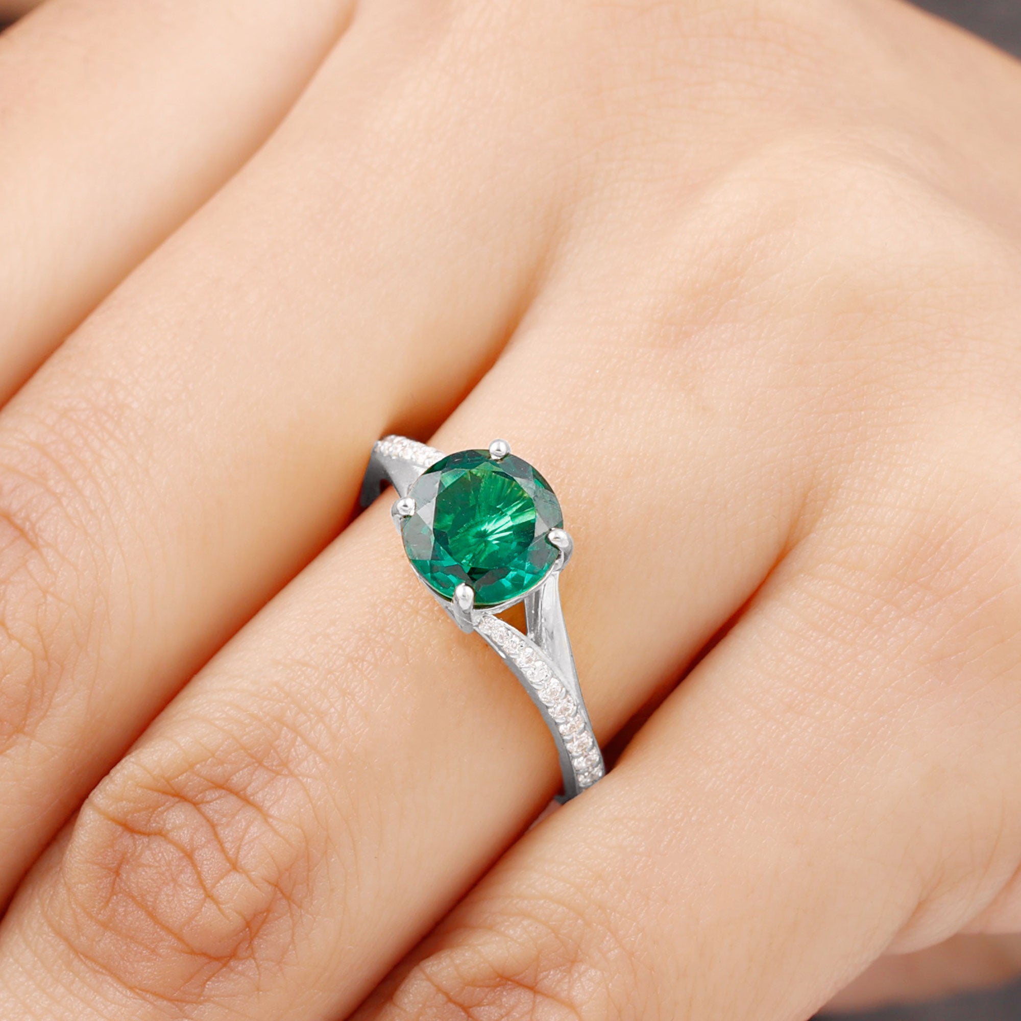 8 MM Created Emerald Solitaire Split Shank Ring with Diamond Lab Created Emerald - ( AAAA ) - Quality - Rosec Jewels