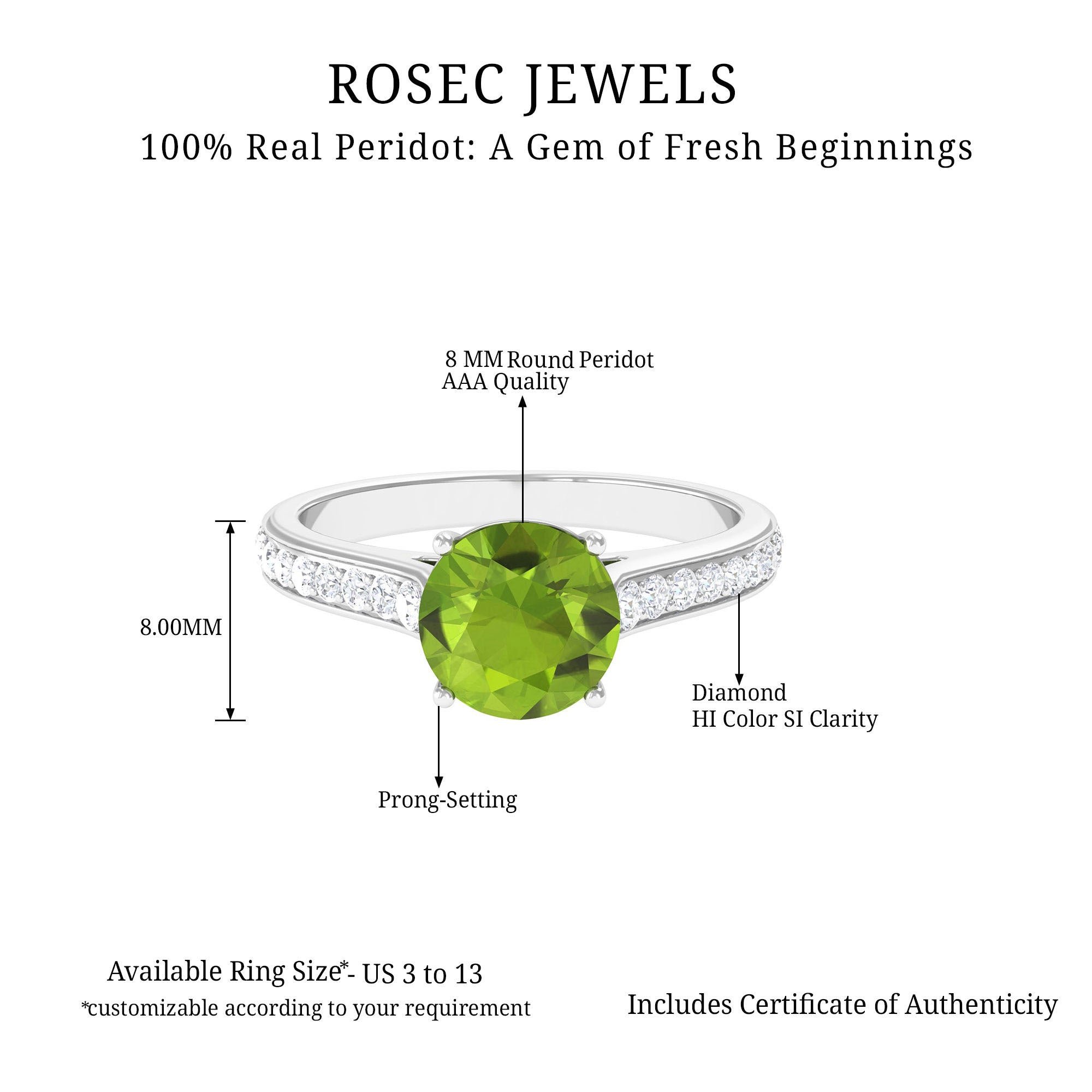 Natural Peridot Solitaire Engagement Ring with Diamond Side Stones Peridot - ( AAA ) - Quality - Rosec Jewels