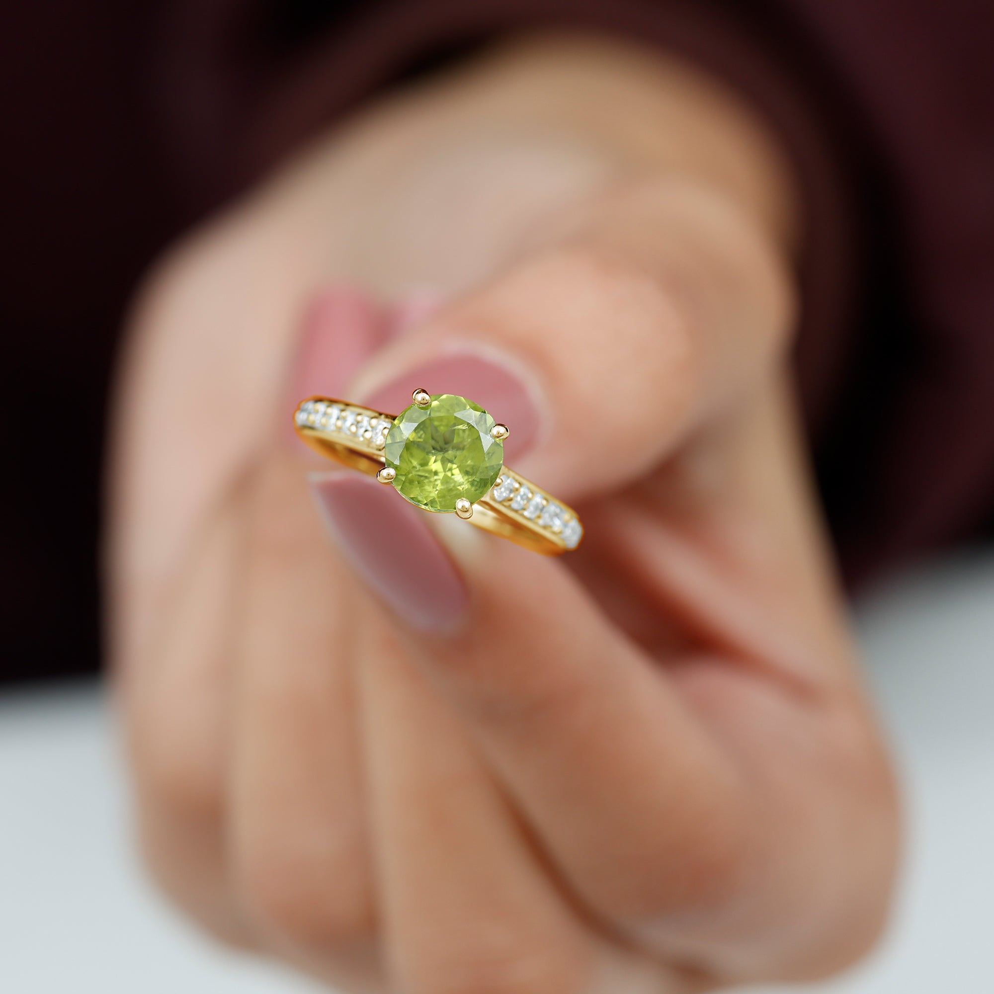 Natural Peridot Solitaire Engagement Ring with Diamond Side Stones Peridot - ( AAA ) - Quality - Rosec Jewels