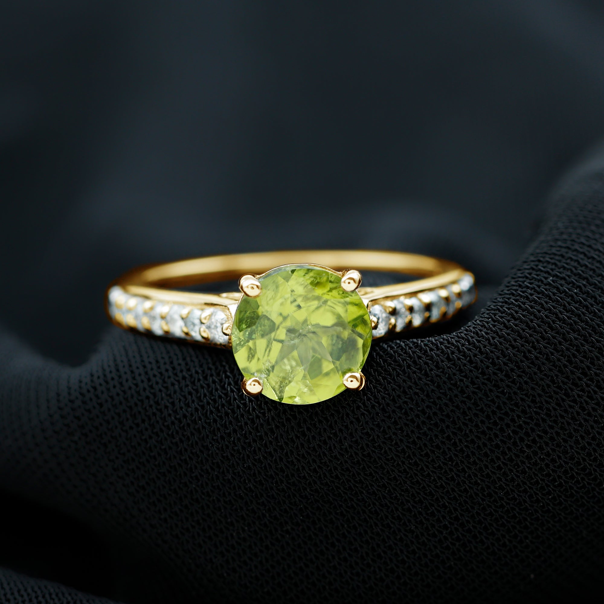 Natural Peridot Solitaire Engagement Ring with Diamond Side Stones Peridot - ( AAA ) - Quality - Rosec Jewels