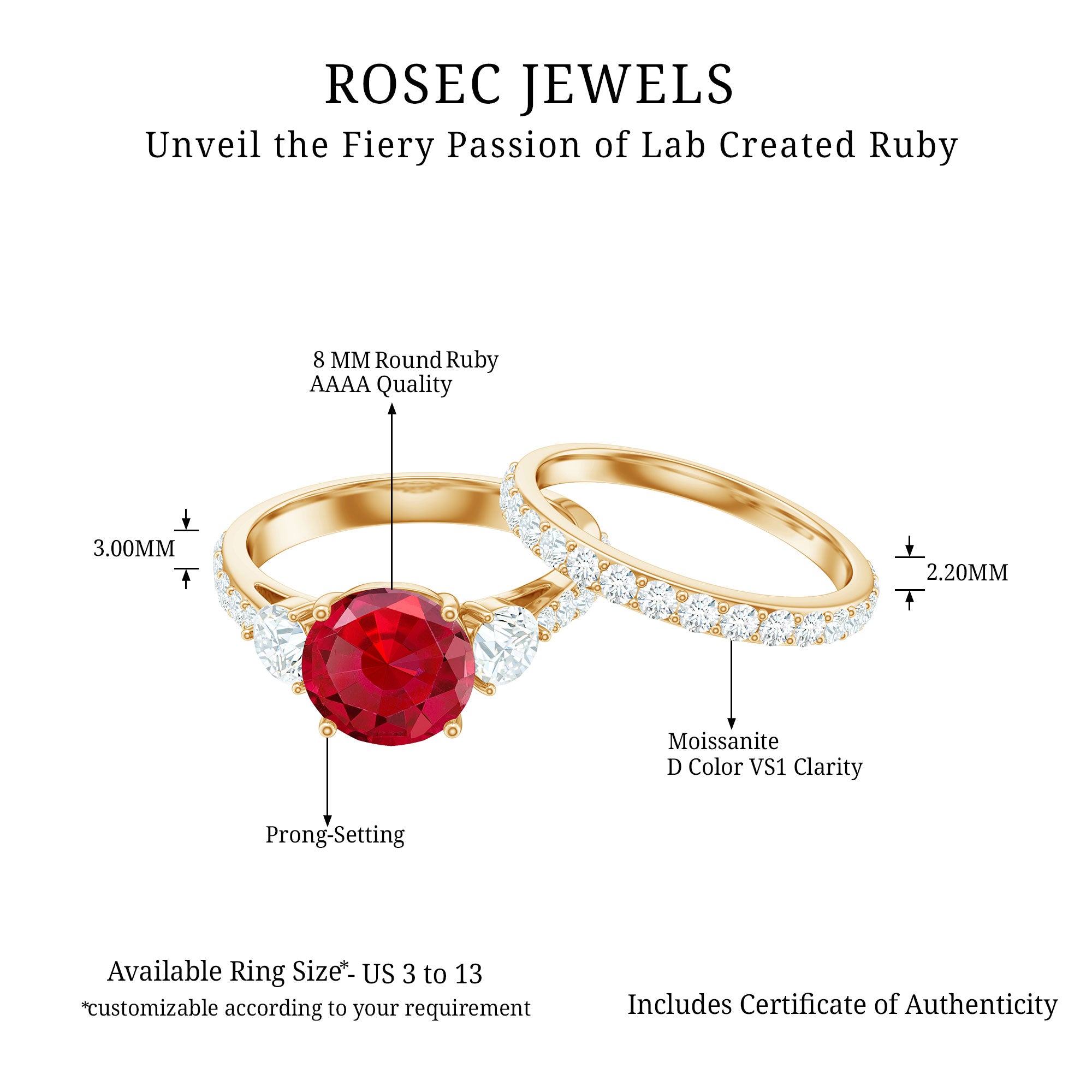 Classic Created Ruby Bridal Ring Set with Moissanite in Gold Lab Created Ruby - ( AAAA ) - Quality - Rosec Jewels