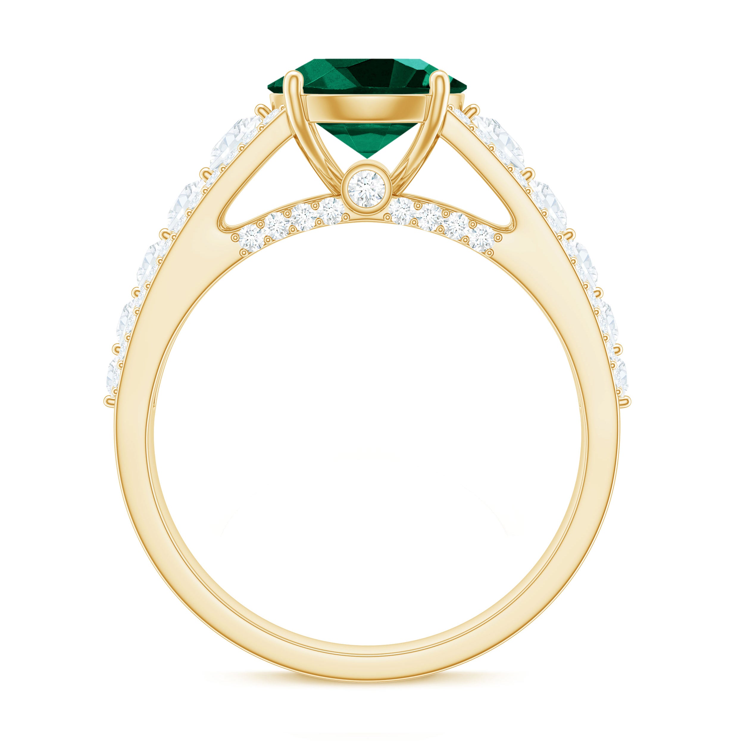 Created Emerald Engagement Ring with Moissanite Side Stones Lab Created Emerald - ( AAAA ) - Quality - Rosec Jewels