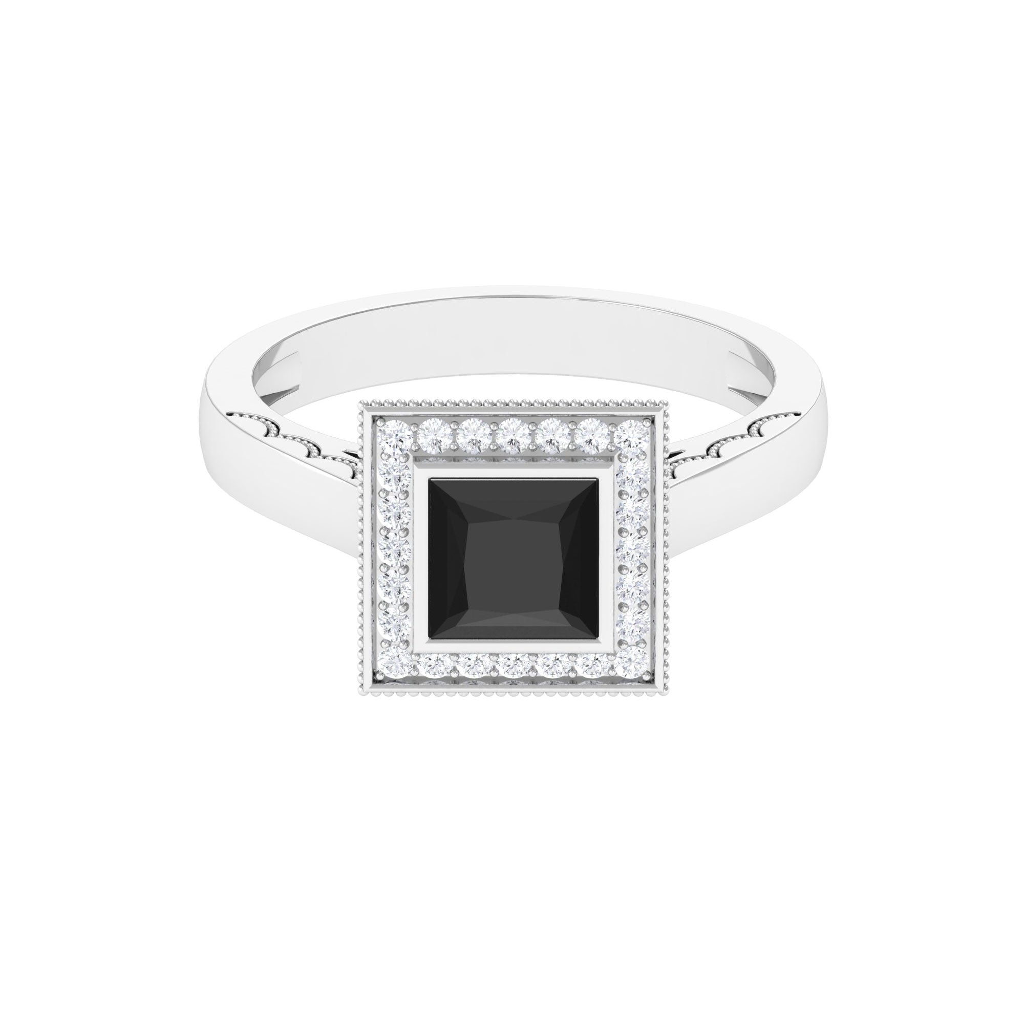 1 CT Princess Cut Created Black Diamond Solitaire Ring with Halo Diamond Lab Created Black Diamond - ( AAAA ) - Quality - Rosec Jewels