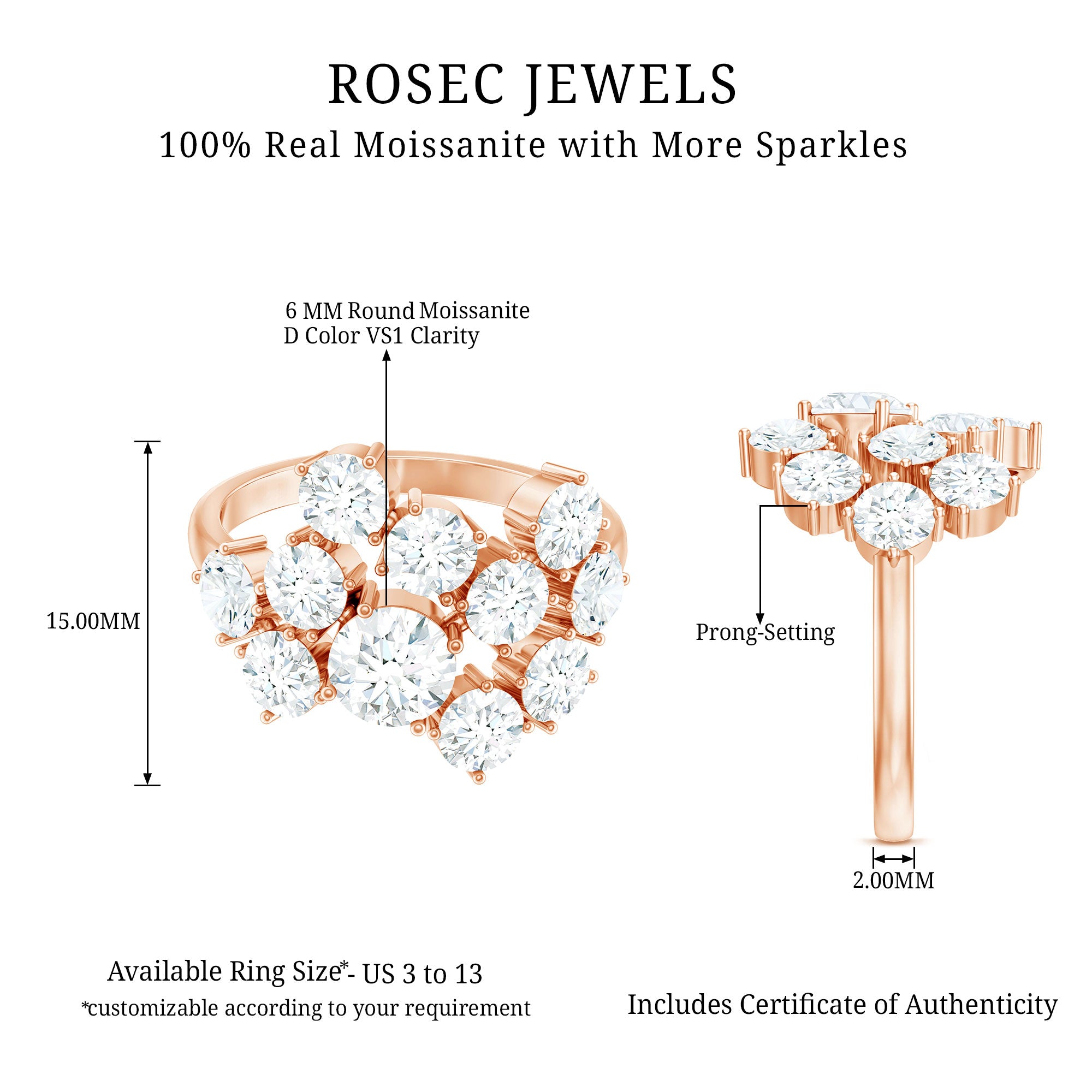 Rosec Jewels-Round Moissanite Cluster Statement Cocktail Ring