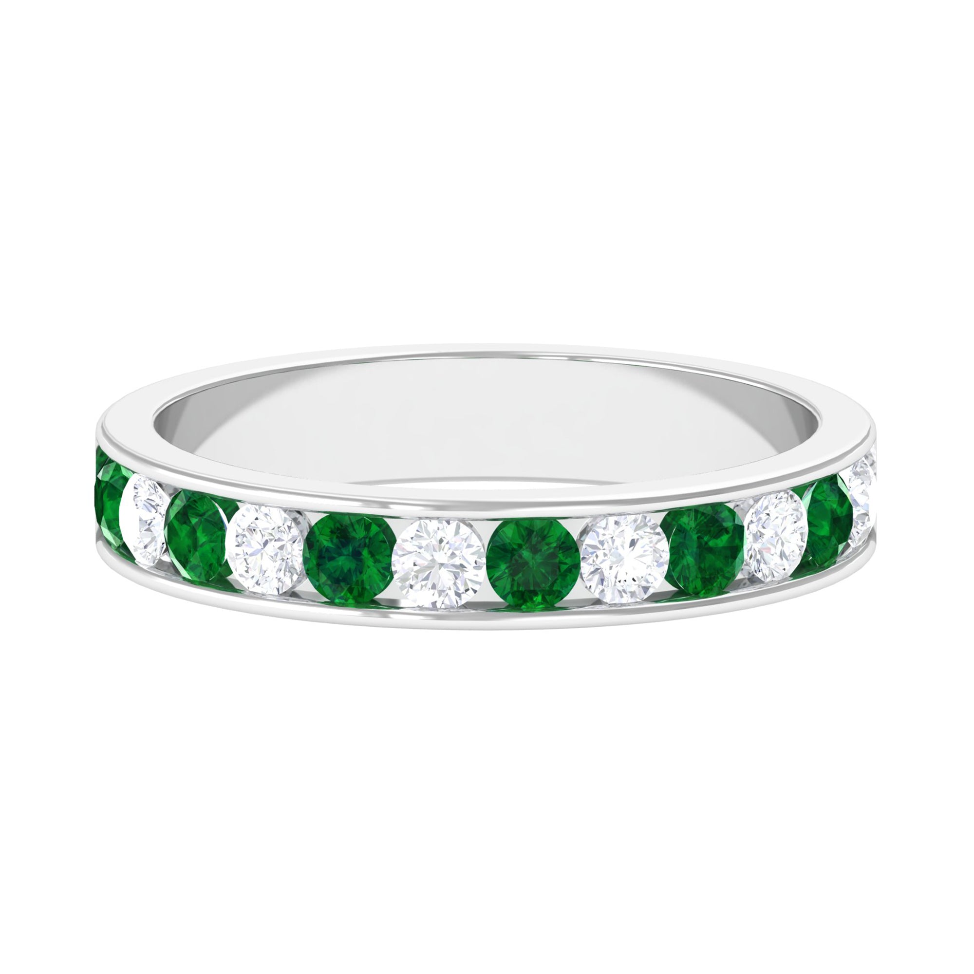 Rosec Jewels-Channel Set Semi Eternity Band with Lab Emerald and Moissanite