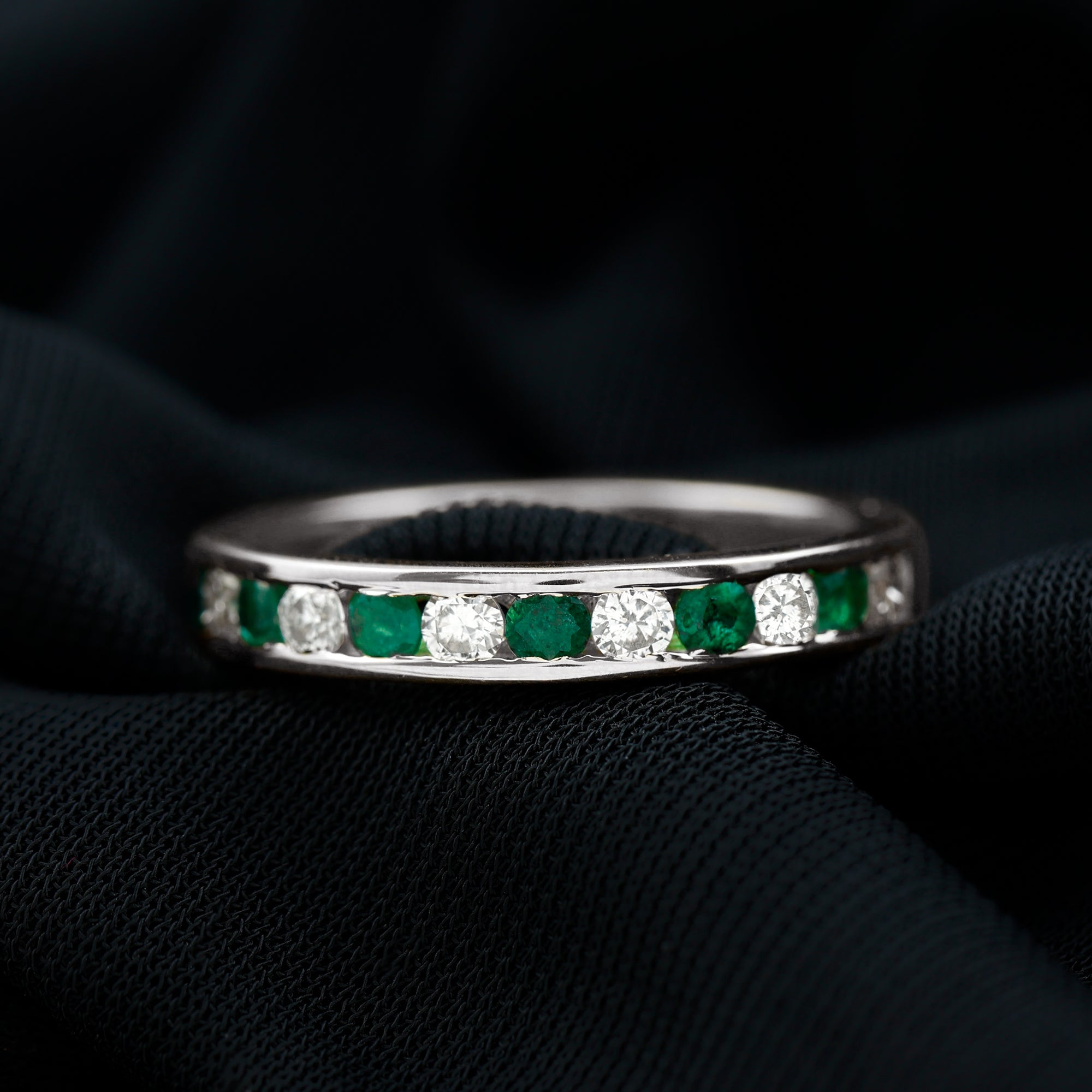 Rosec Jewels-Channel Set Semi Eternity Band with Lab Emerald and Moissanite