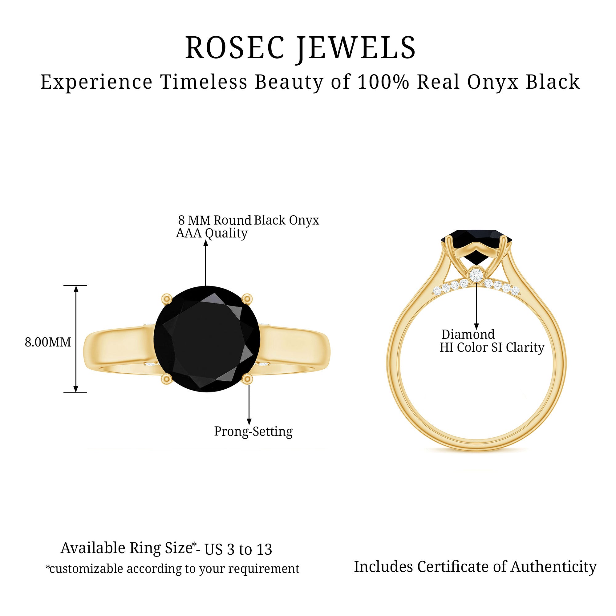 Classic Black Onyx Solitaire Ring with Surprise Diamond Accent Black Onyx - ( AAA ) - Quality - Rosec Jewels