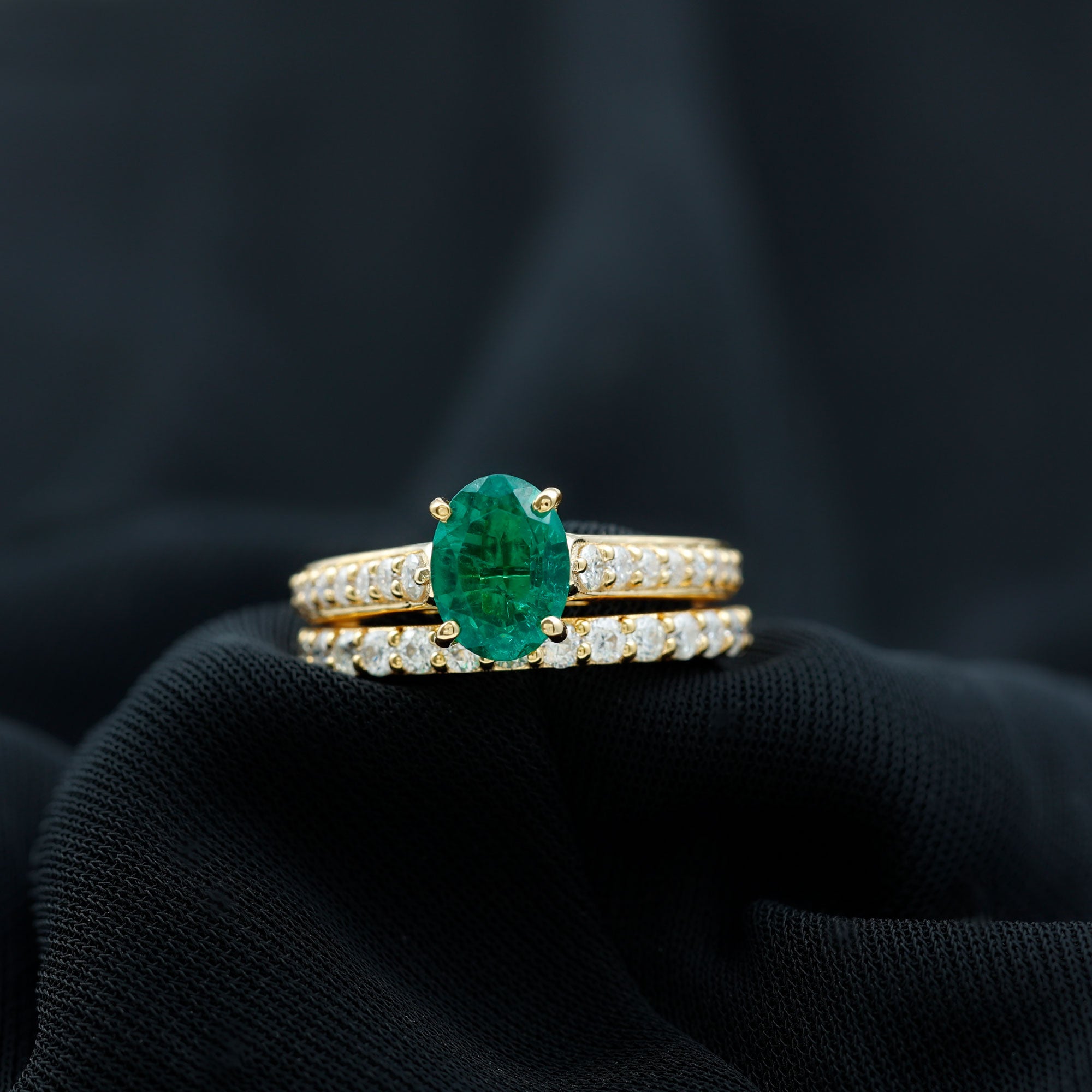 Oval Shape Lab Grown Emerald and Moissanite Bridal Ring Set Lab Created Emerald - ( AAAA ) - Quality - Rosec Jewels