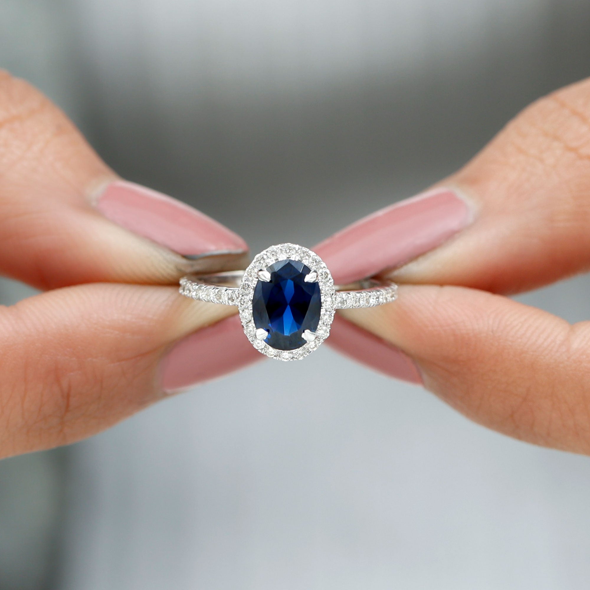 2 CT Oval Cut Lab Created Blue Sapphire Ring with Diamond Halo and Side Stones Lab Created Blue Sapphire - ( AAAA ) - Quality - Rosec Jewels