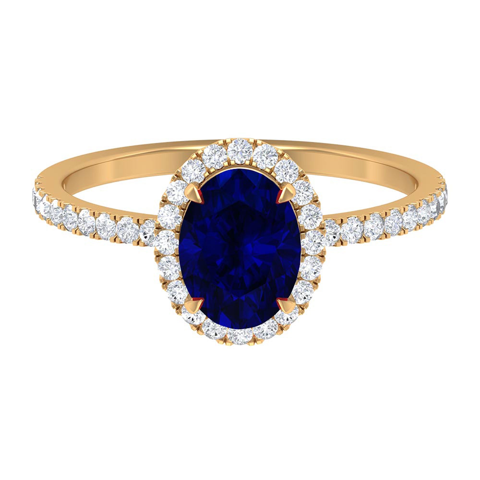 2 CT Oval Cut Lab Created Blue Sapphire Ring with Diamond Halo and Side Stones Lab Created Blue Sapphire - ( AAAA ) - Quality - Rosec Jewels