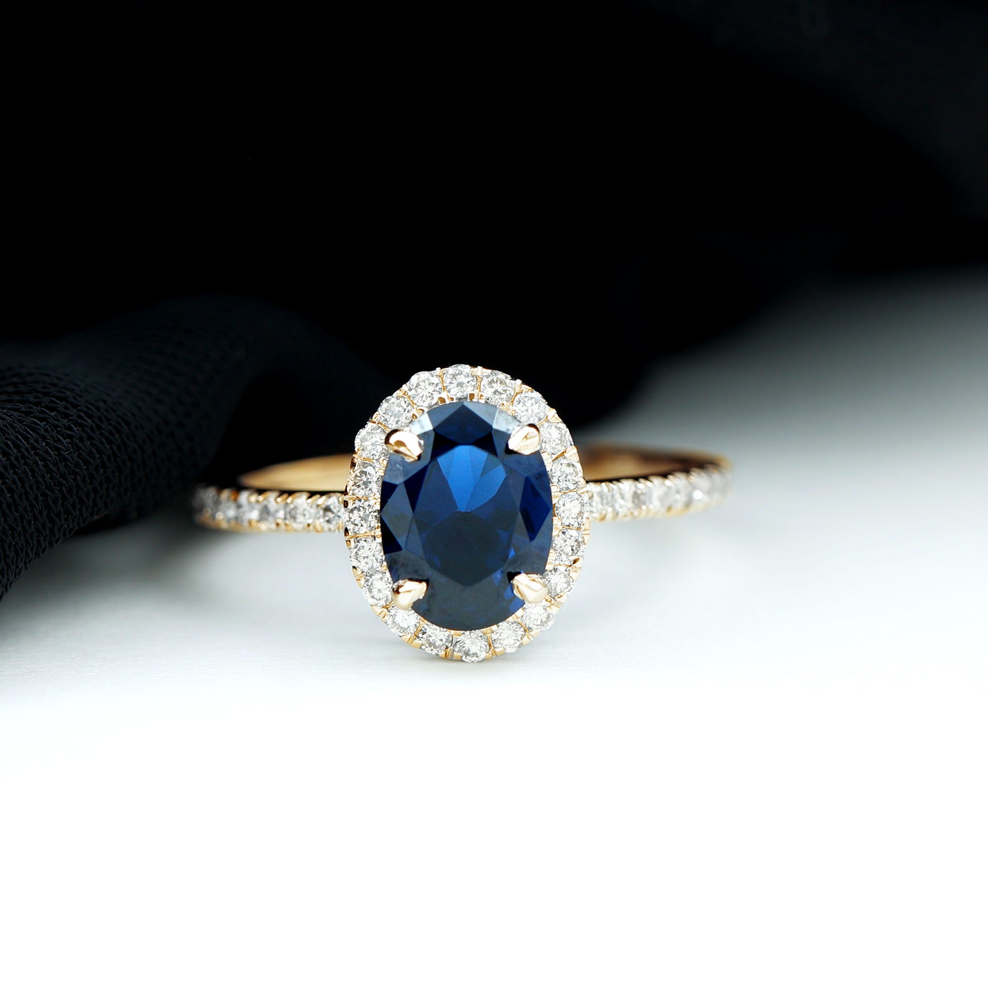 2 CT Oval Cut Lab Created Blue Sapphire Ring with Diamond Halo and Side Stones Lab Created Blue Sapphire - ( AAAA ) - Quality - Rosec Jewels