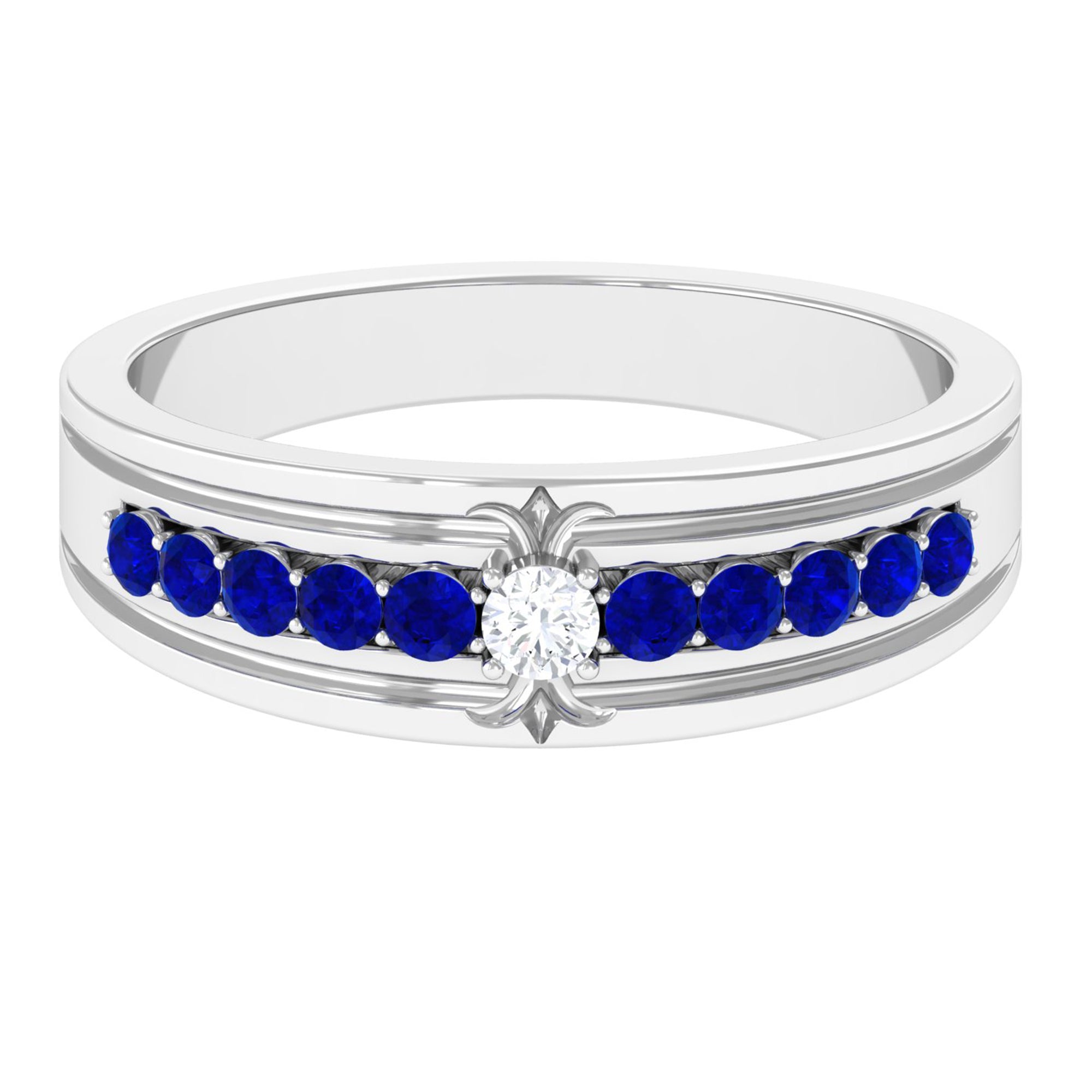 Lab Grown Blue Sapphire and Moissanite Engraved Anniversary Band Ring Lab Created Blue Sapphire - ( AAAA ) - Quality - Rosec Jewels