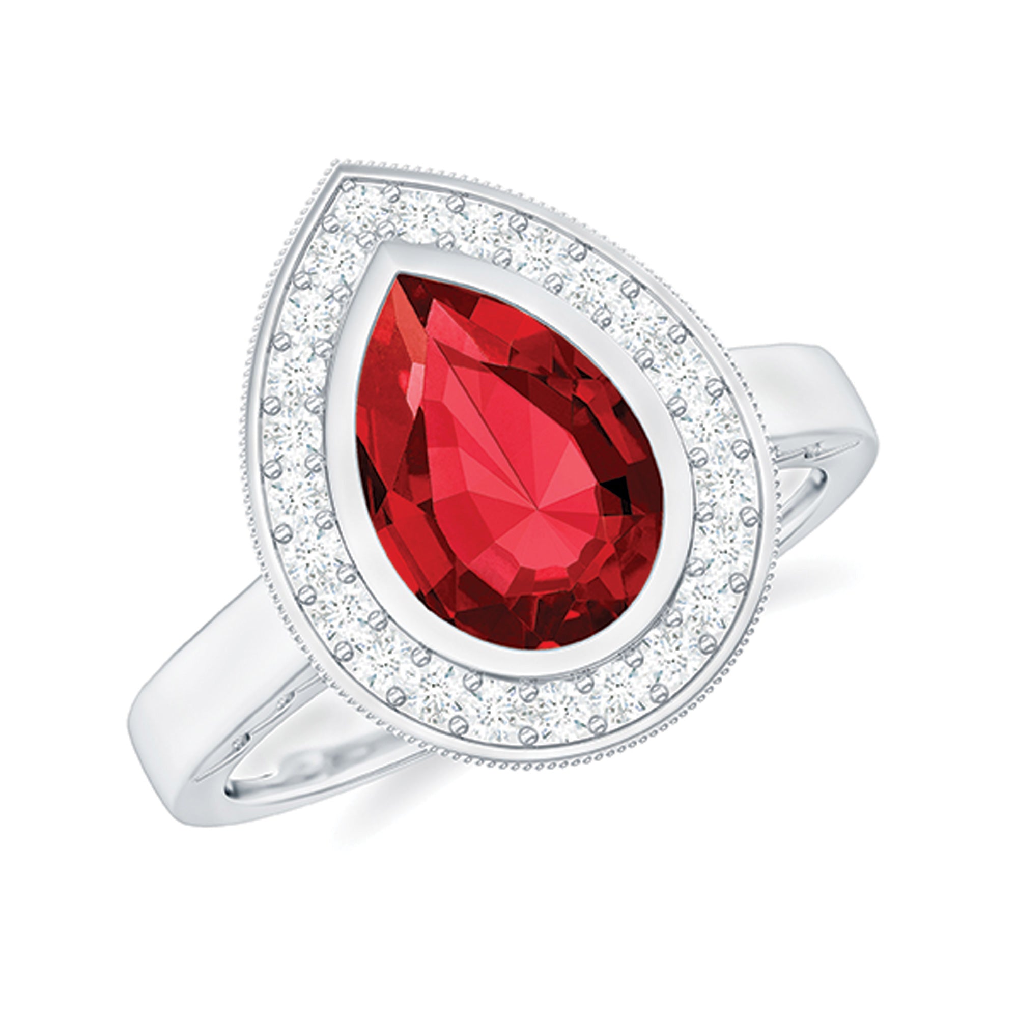 2 CT Pear Cut Created Ruby Solitaire Engagement Ring with Diamond Halo Lab Created Ruby - ( AAAA ) - Quality - Rosec Jewels